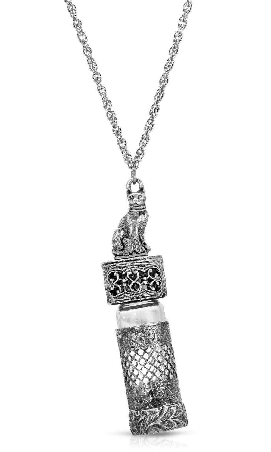 1928 Jewelry Pewter Cat Filigree Screw Cap Vial Necklace For Hand Sanitizer 30"