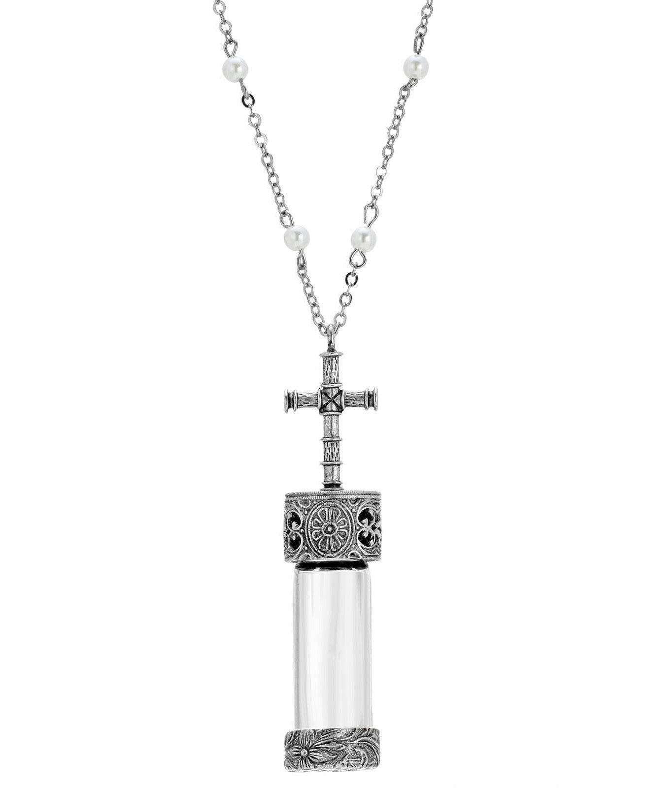 Symbols Of Faith Faux Pearl Pewter Cross Cap Vial Necklace 30"