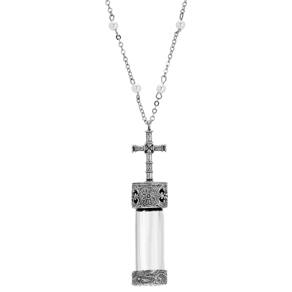 Faux Pearl Pewter Cross Cap Vial Necklace 30 Inches