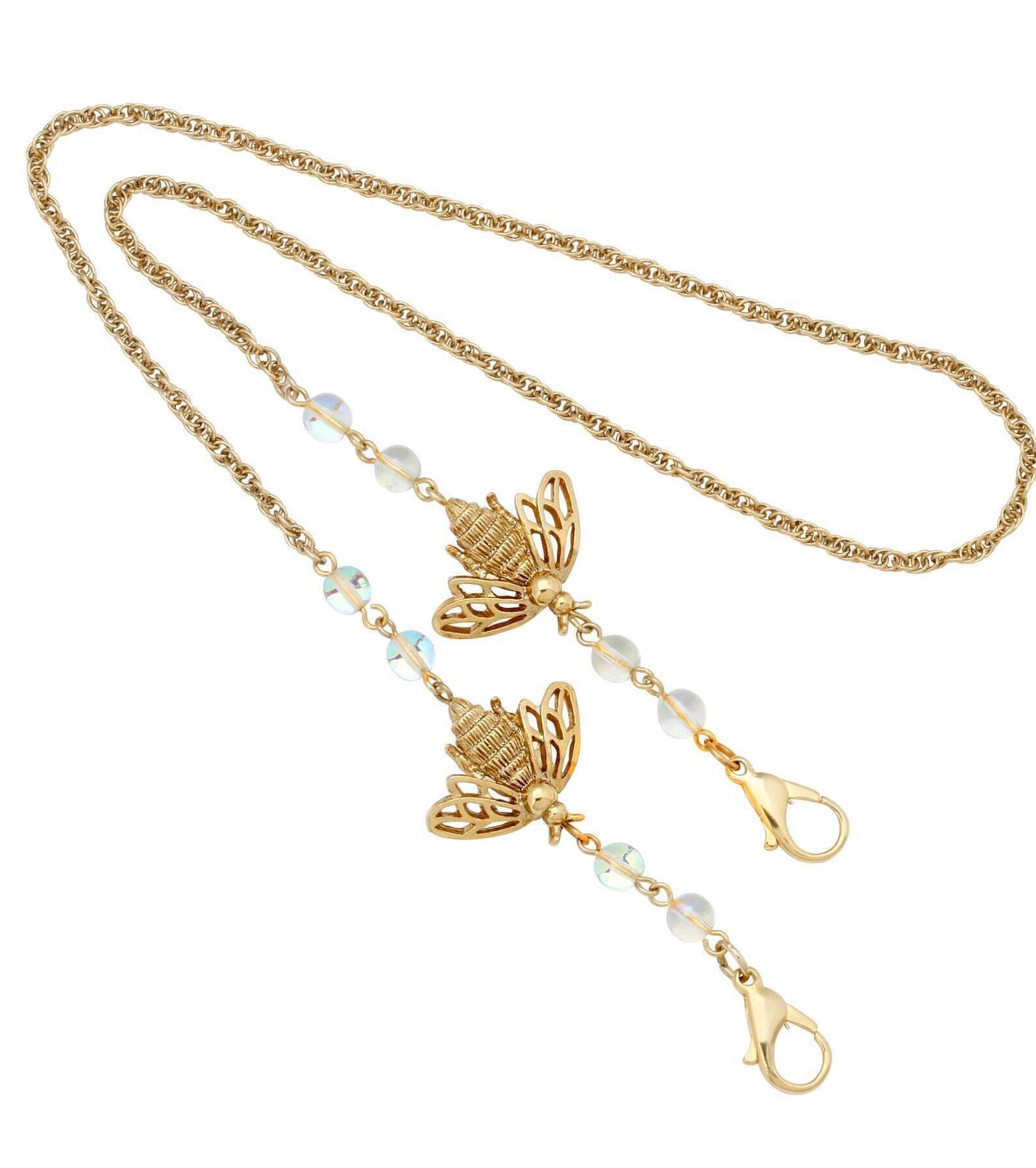 1928 Jewelry Bee Face Mask Chain Holder With AB Crystals 22 Inches