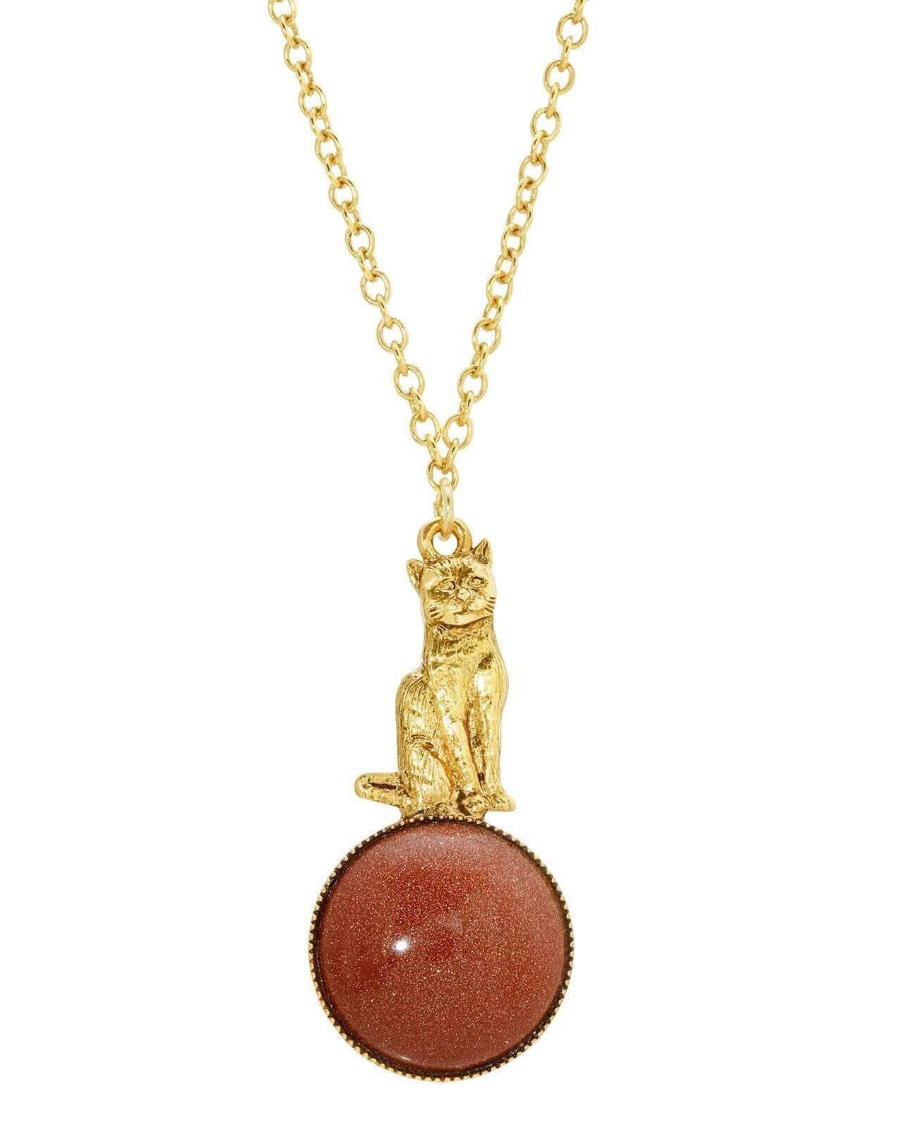 1928 Jewelry Sitting Cat On Round Gemstone Pendant Necklace 28"