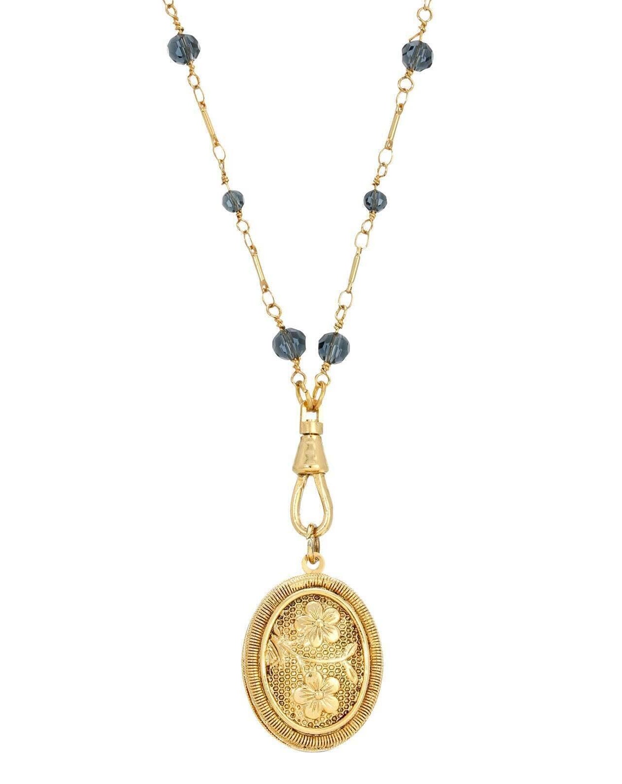 1928 Jewelry Blue Montana Glass Beaded Double Side Oval Floral Locket Necklace 30"