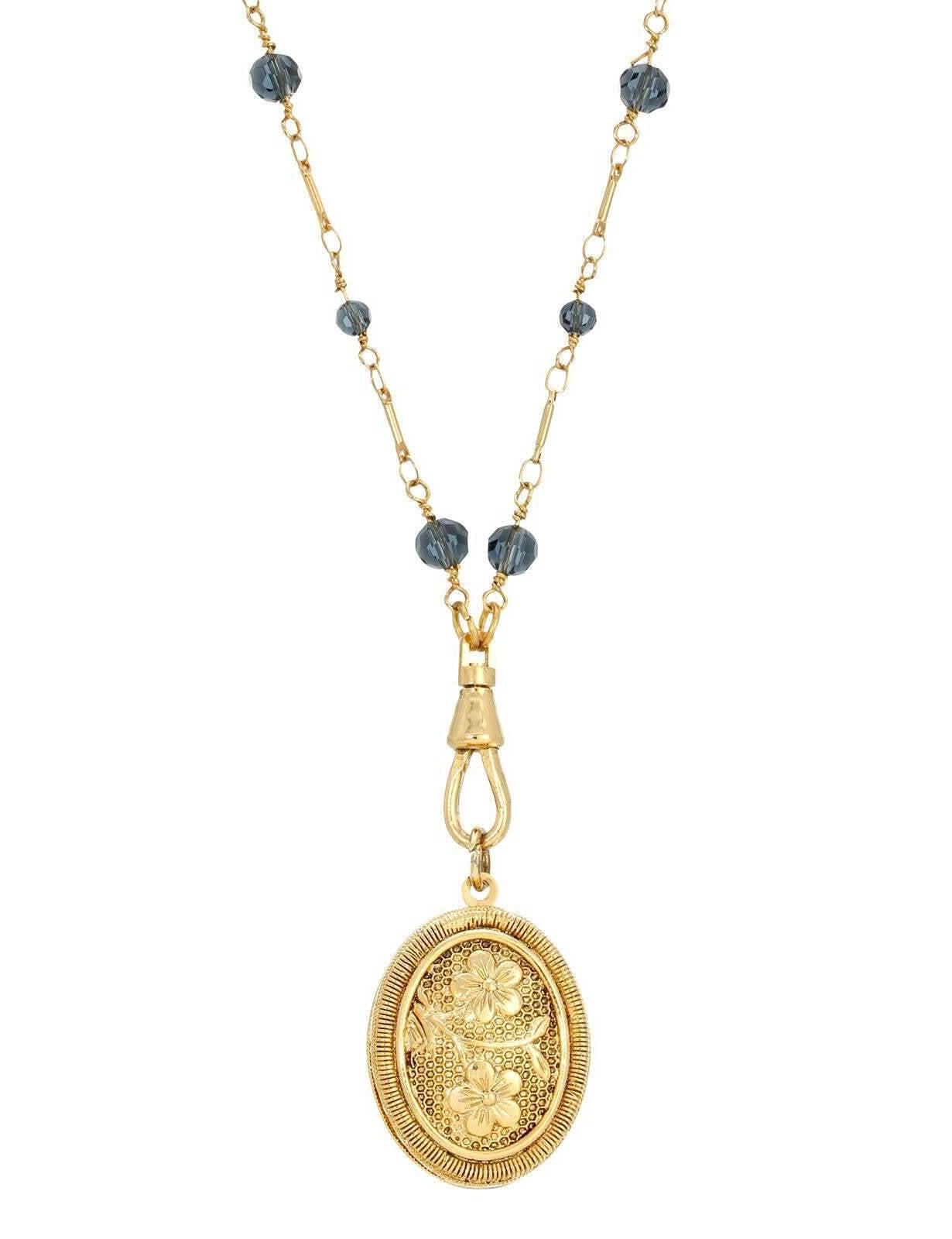 1928 Jewelry Blue Montana Glass Beaded Double Side Oval Floral Locket Necklace 30"