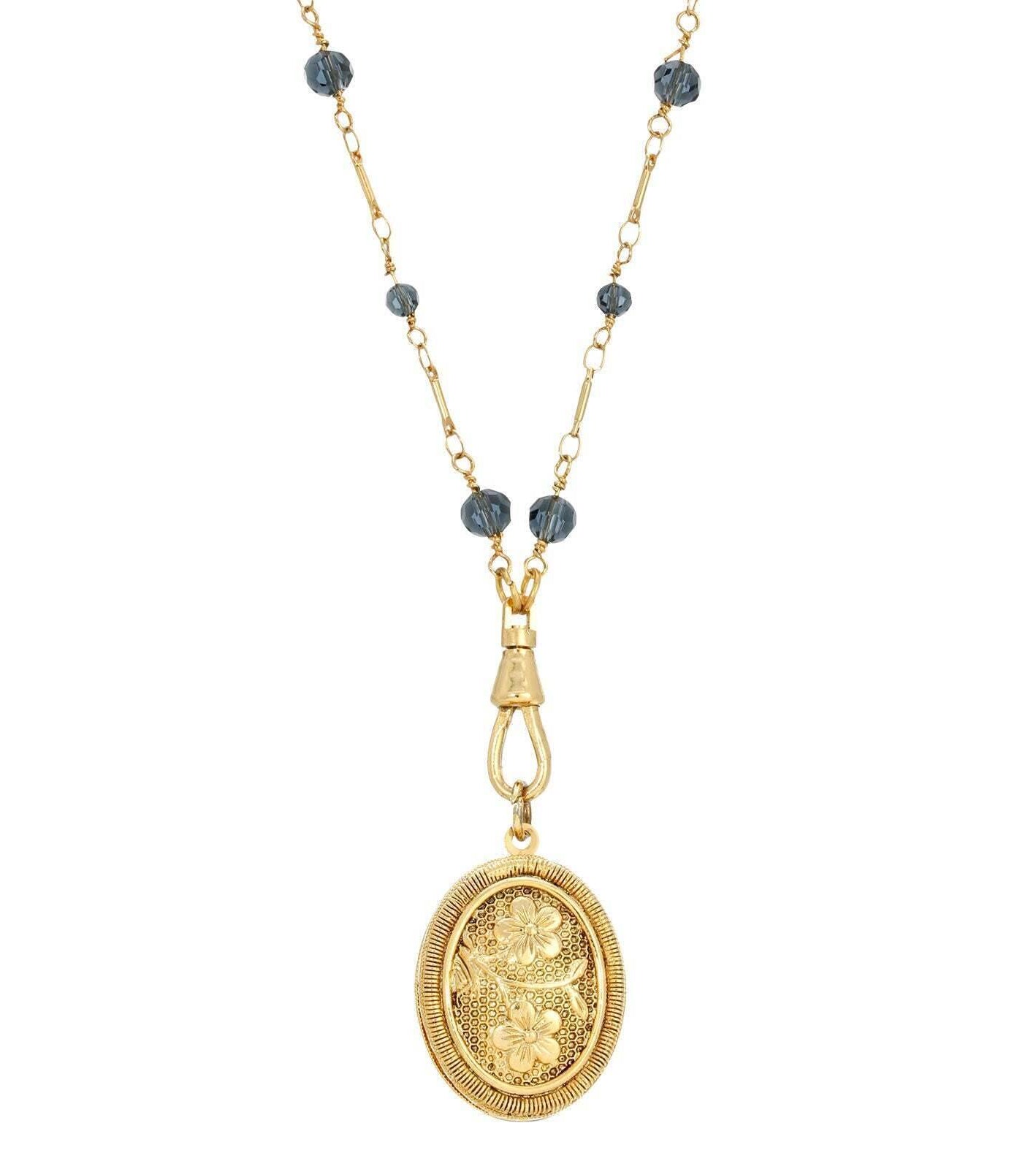 1928 Jewelry Blue Montana Glass Beaded Double Side Oval Floral Locket Necklace 30"