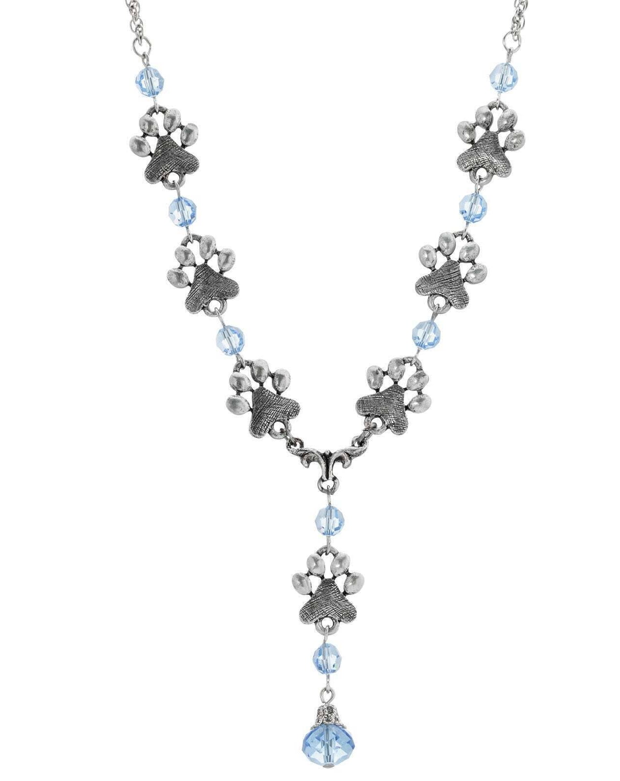 1928 Jewelry Paw Prints And Light Sapphire Glass Bead Y Necklace 16" + 3" Extender