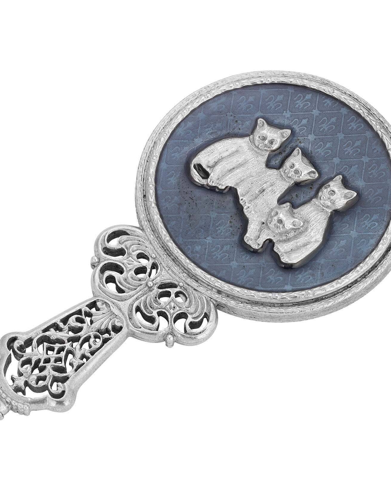 1928 Jewelry Blue Enamel Four Cats Handheld Round Mirror