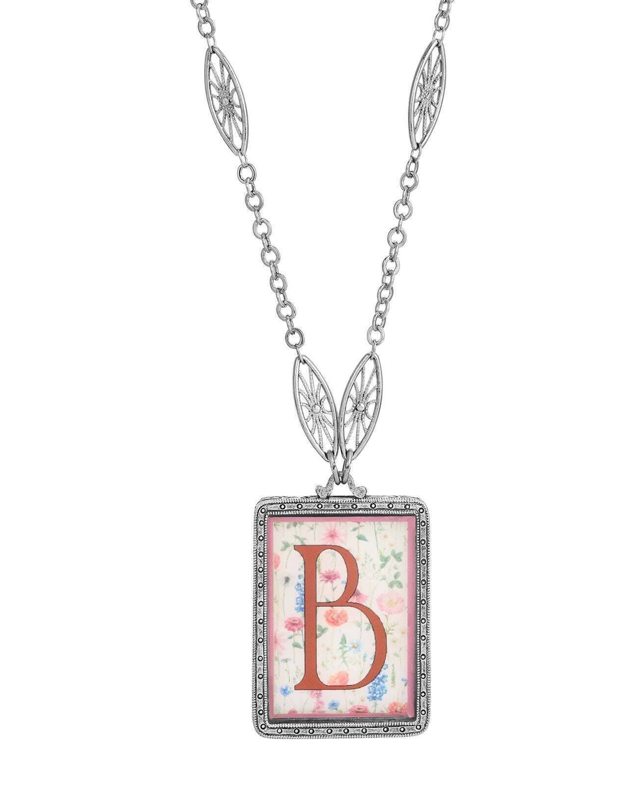 1928 Jewelry Pink Floral Motif Initial Pendant Necklace 30"