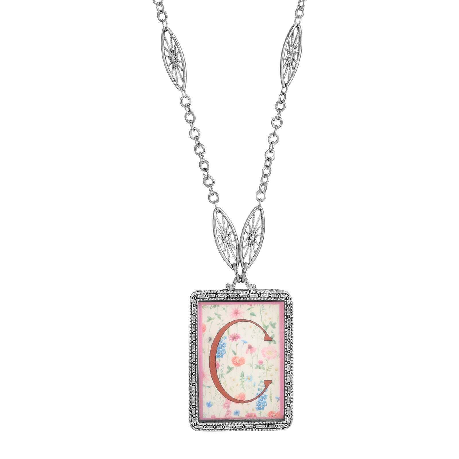 1928 Jewelry Pink Floral Motif Initial Pendant Necklace 30"