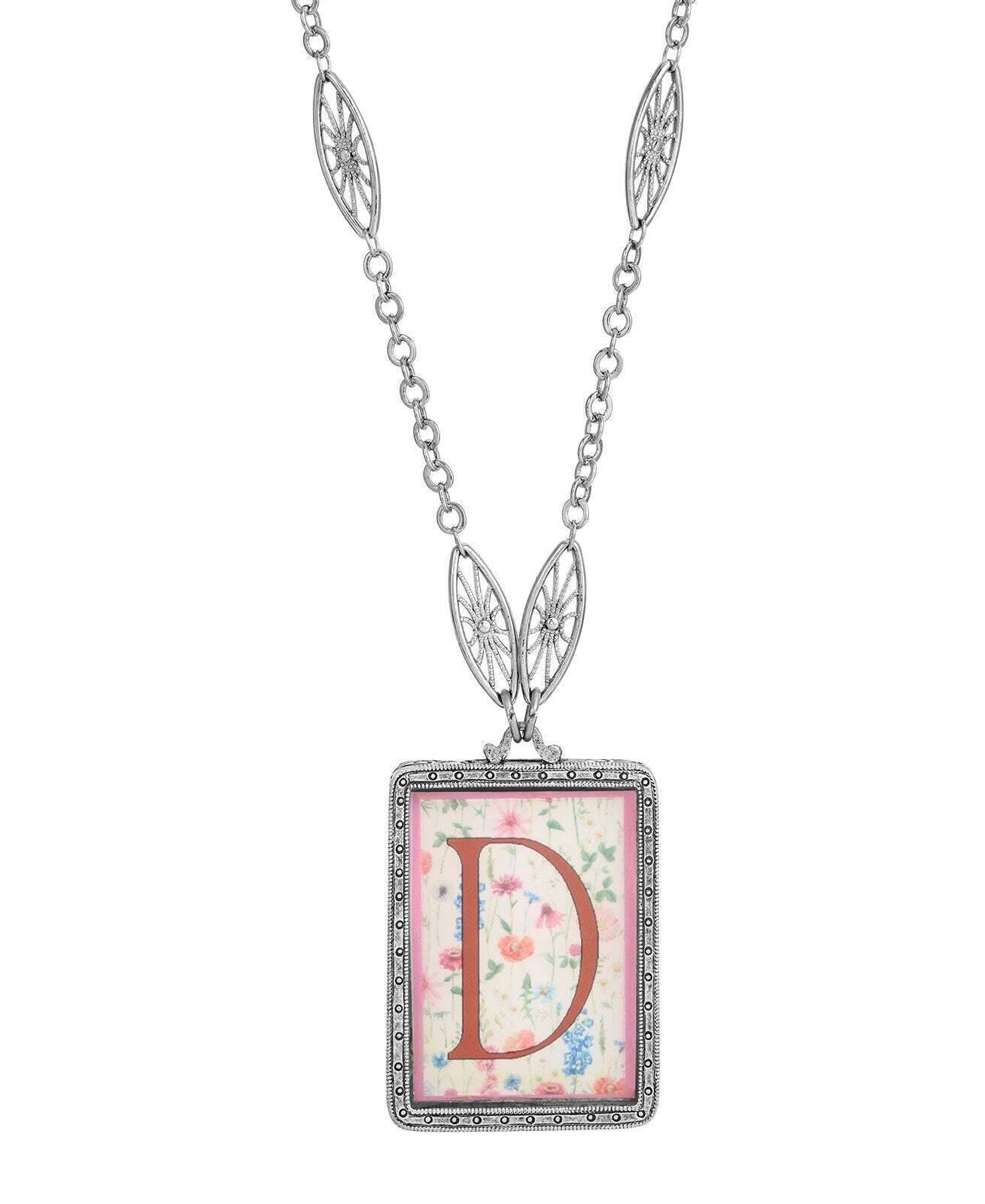 1928 Jewelry Pink Floral Motif Initial Pendant Necklace 30"