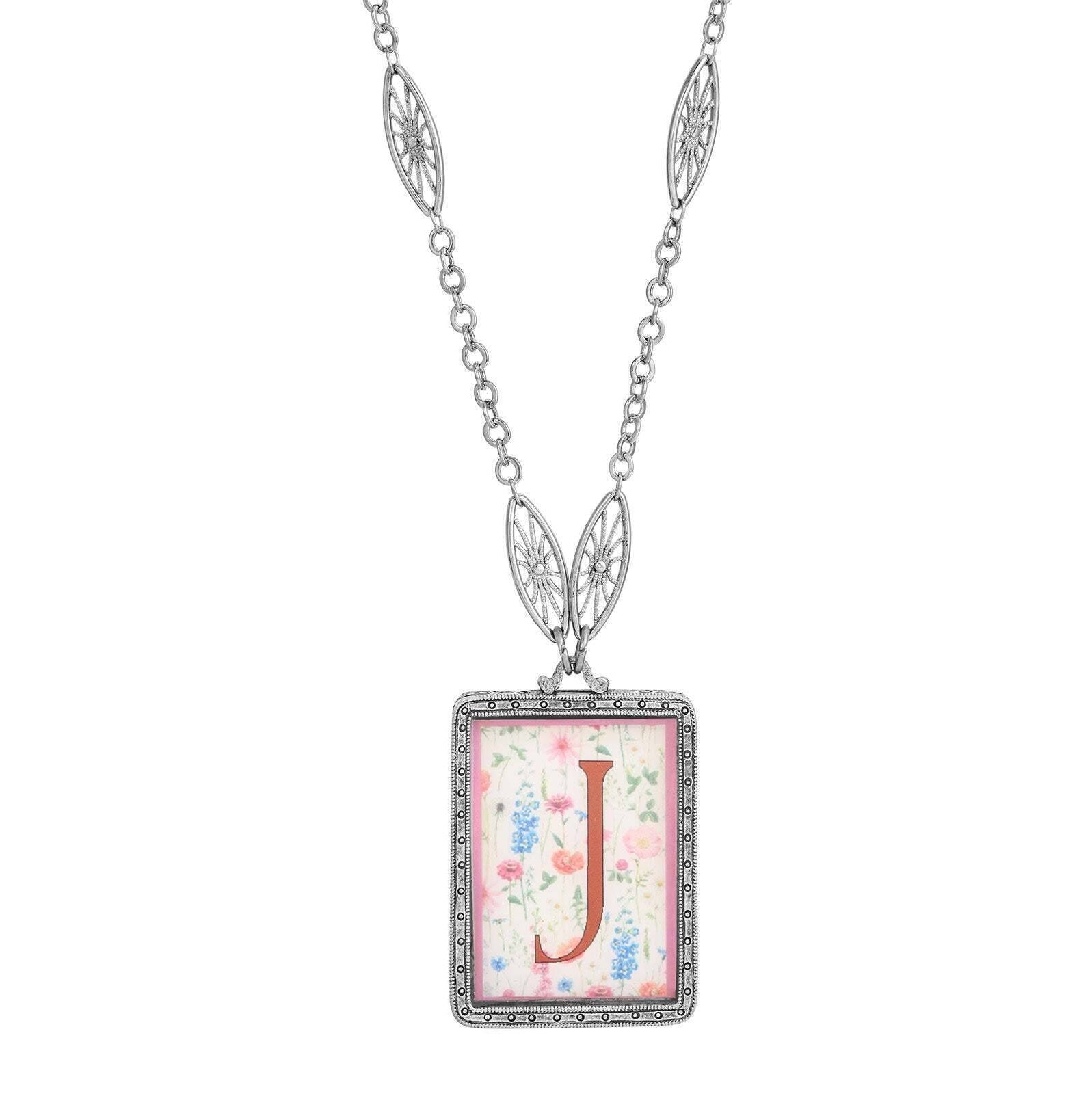 1928 Jewelry Pink Floral Motif Initial Pendant Necklace 30"