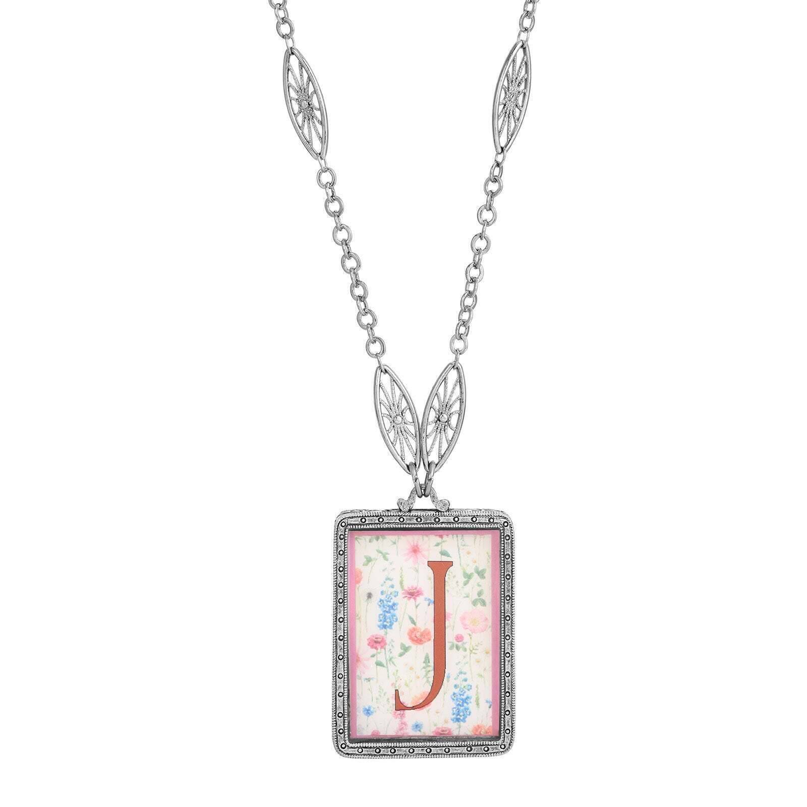 1928 Jewelry Pink Floral Motif Initial Pendant Necklace 30"