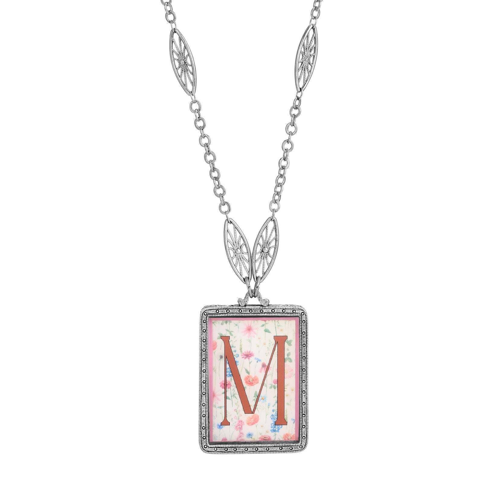 1928 Jewelry Pink Floral Motif Initial Pendant Necklace 30"