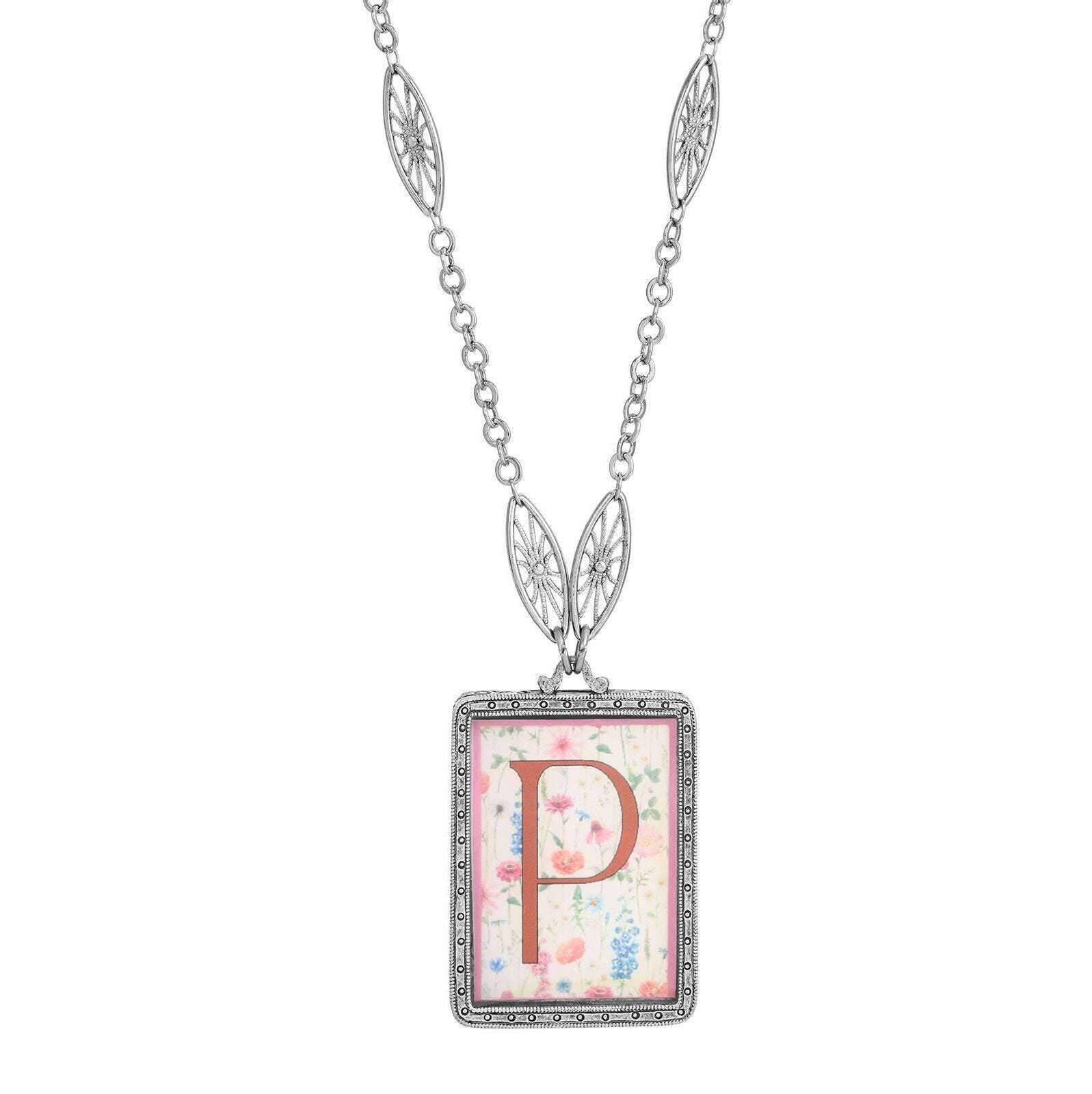 1928 Jewelry Pink Floral Motif Initial Pendant Necklace 30"