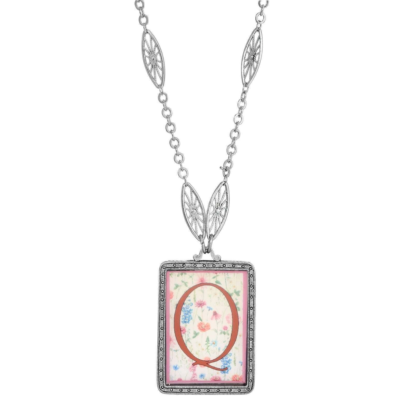 1928 Jewelry Pink Floral Motif Initial Pendant Necklace 30"