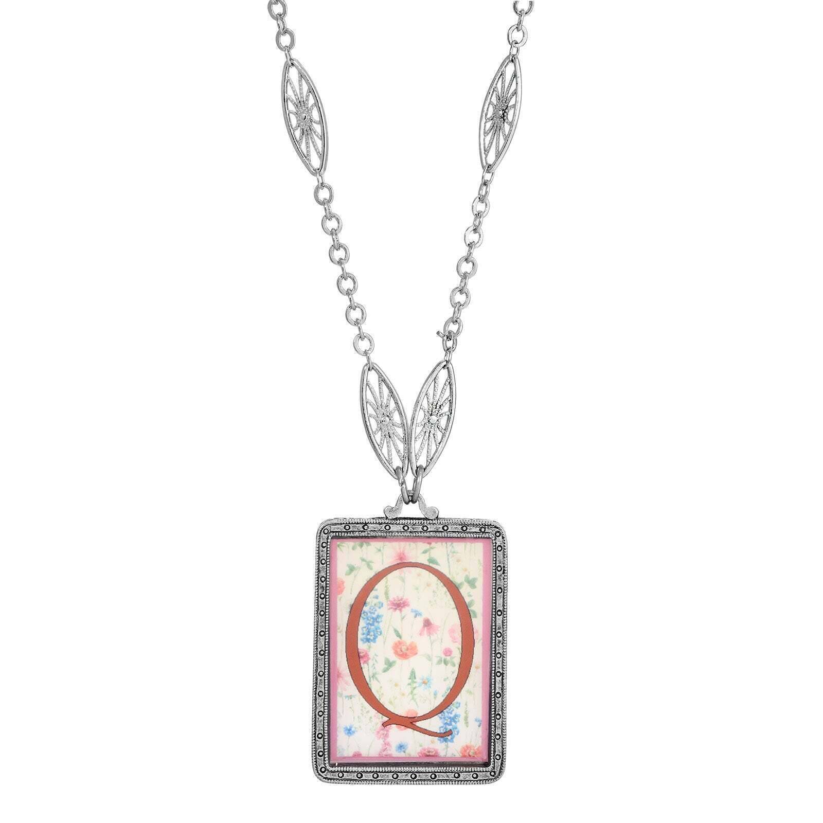 1928 Jewelry Pink Floral Motif Initial Pendant Necklace 30"