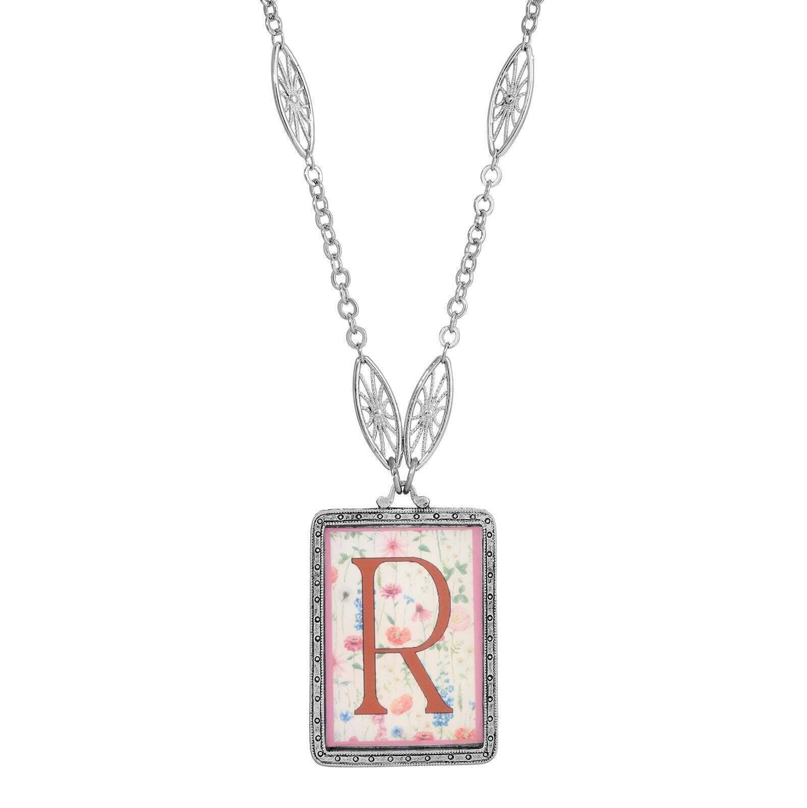 1928 Jewelry Pink Floral Motif Initial Pendant Necklace 30"