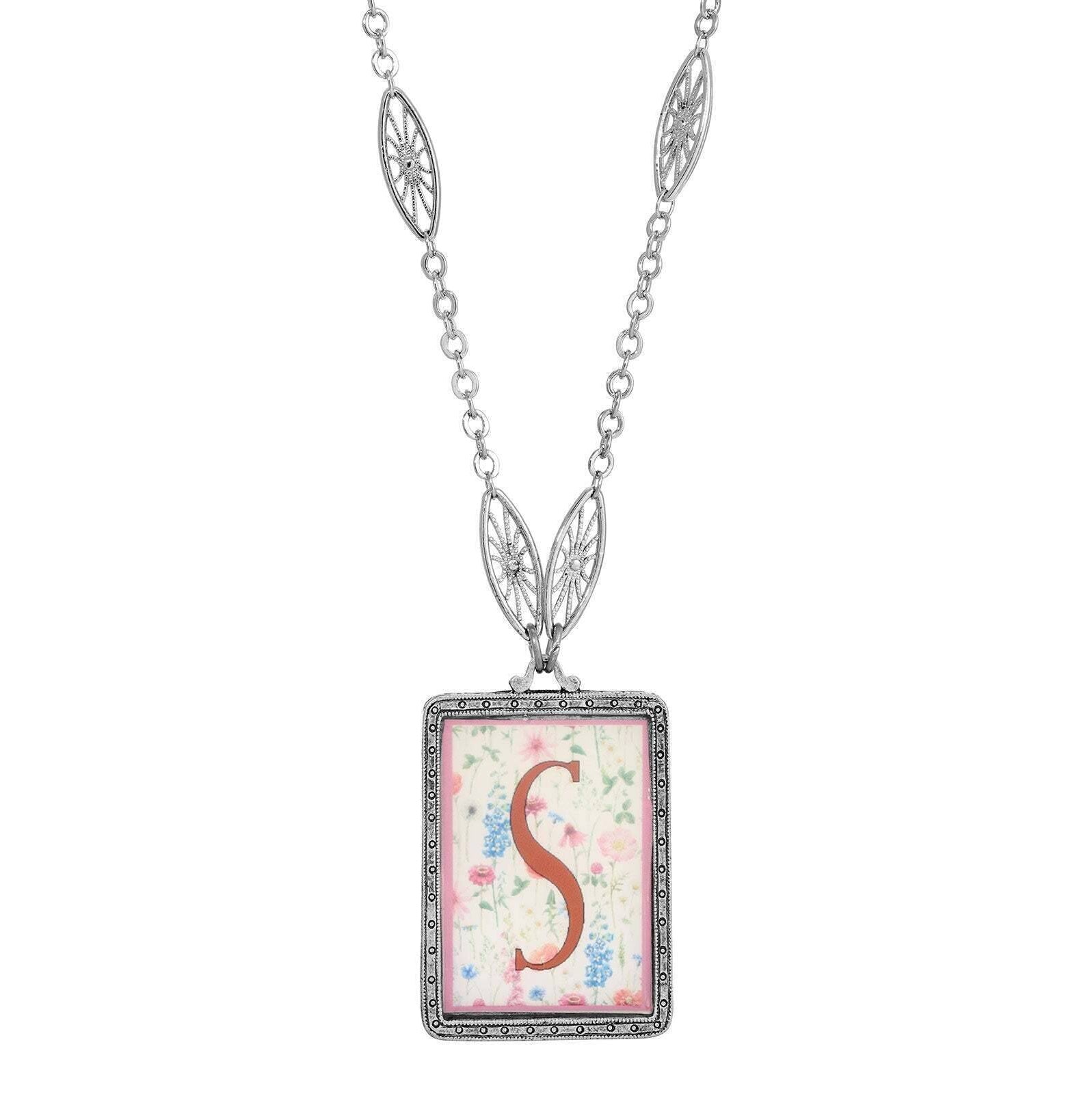 1928 Jewelry Pink Floral Motif Initial Pendant Necklace 30"