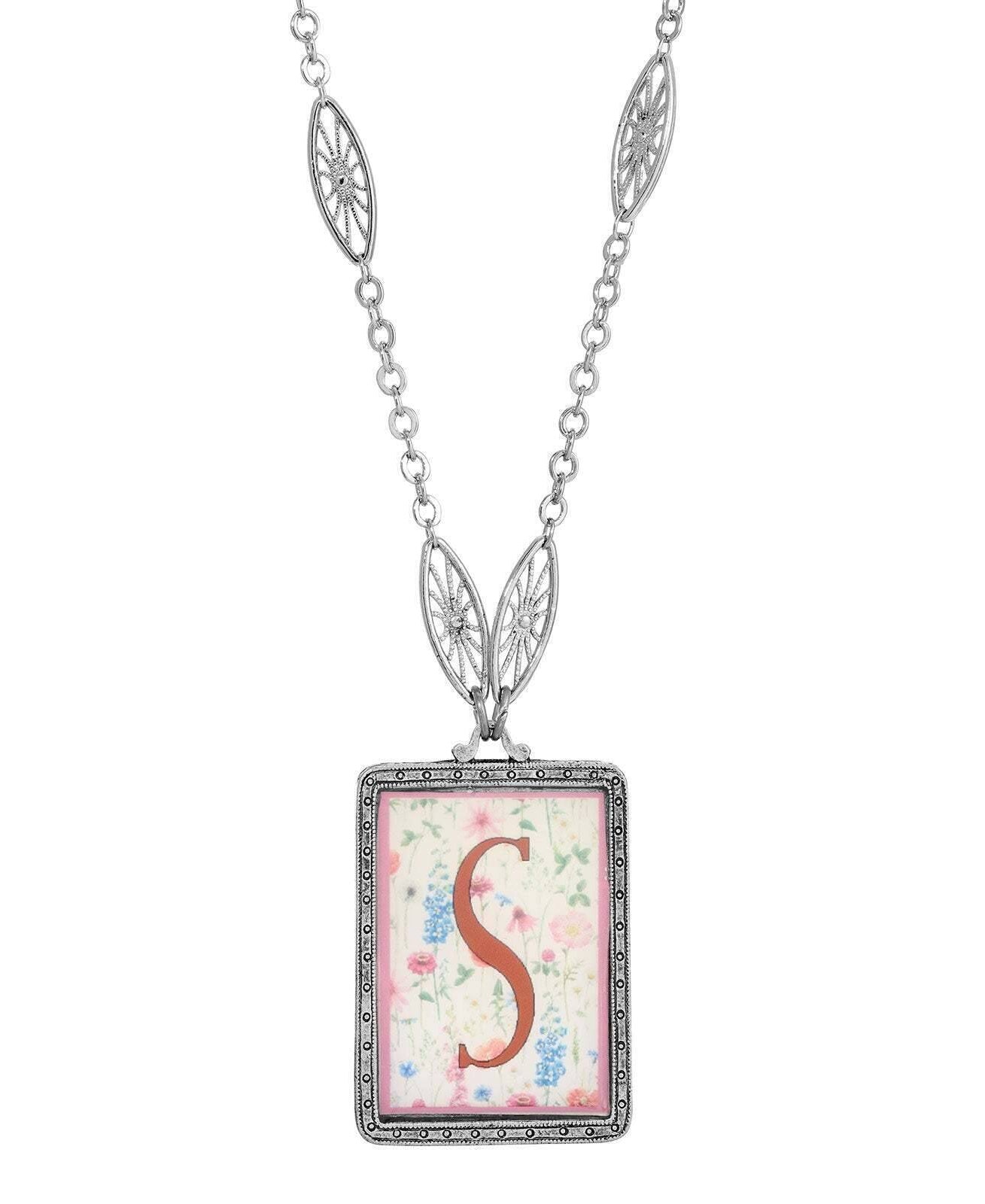 1928 Jewelry Pink Floral Motif Initial Pendant Necklace 30"