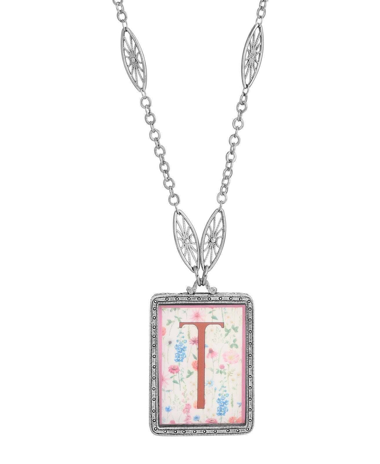 1928 Jewelry Pink Floral Motif Initial Pendant Necklace 30"