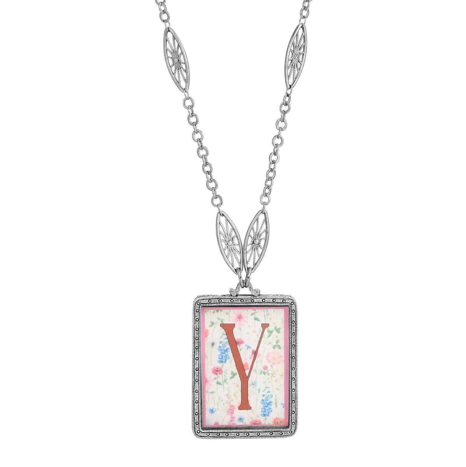 1928 Jewelry Pink Floral Motif Initial Pendant Necklace 30"