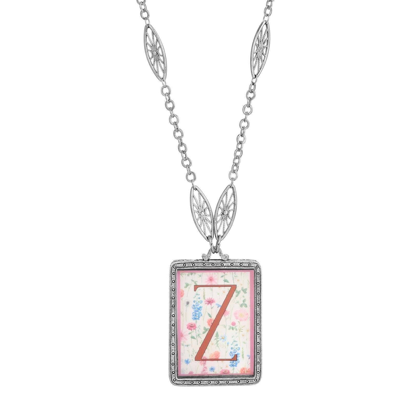 1928 Jewelry Pink Floral Motif Initial Pendant Necklace 30"