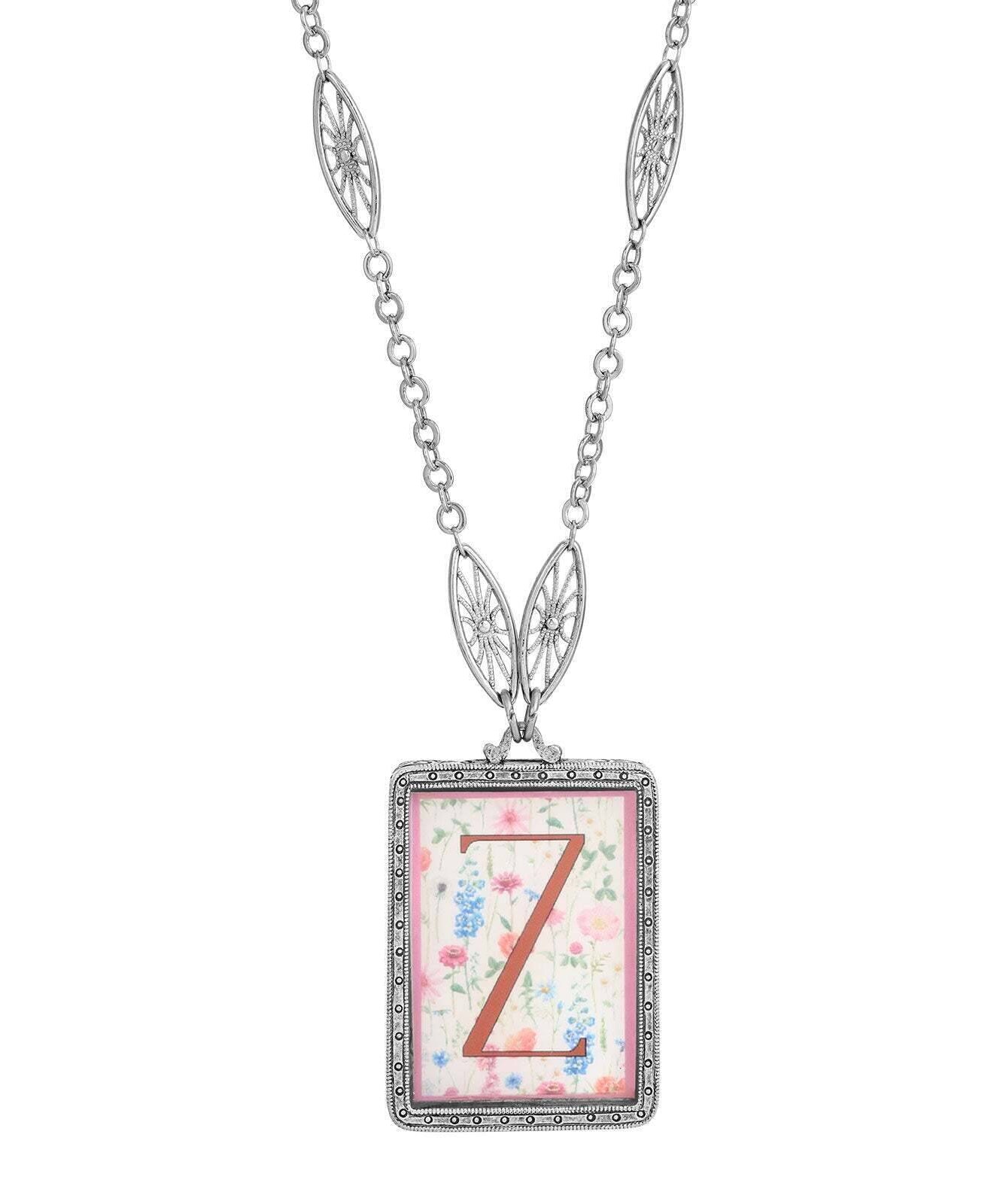 1928 Jewelry Pink Floral Motif Initial Pendant Necklace 30"