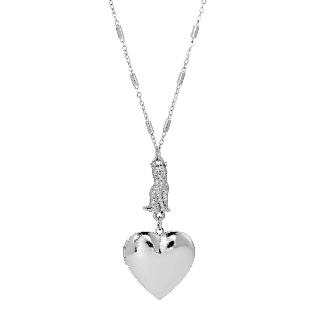 Sitting Cat And Heart Locket Necklace 30 Inches
