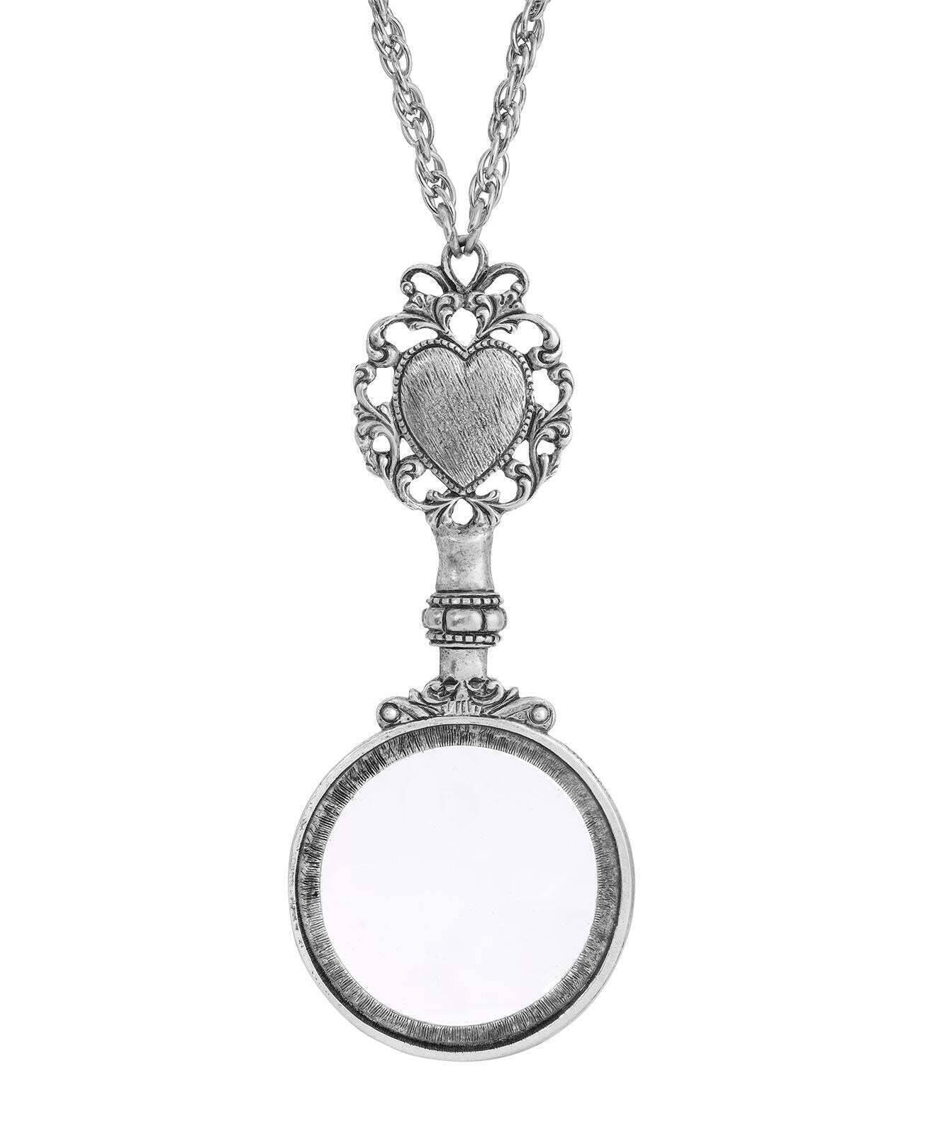 1928 Jewelry Filigree Heart And Round Magnifying Glass Pendant Necklace 28" - Magnification Power: 2X