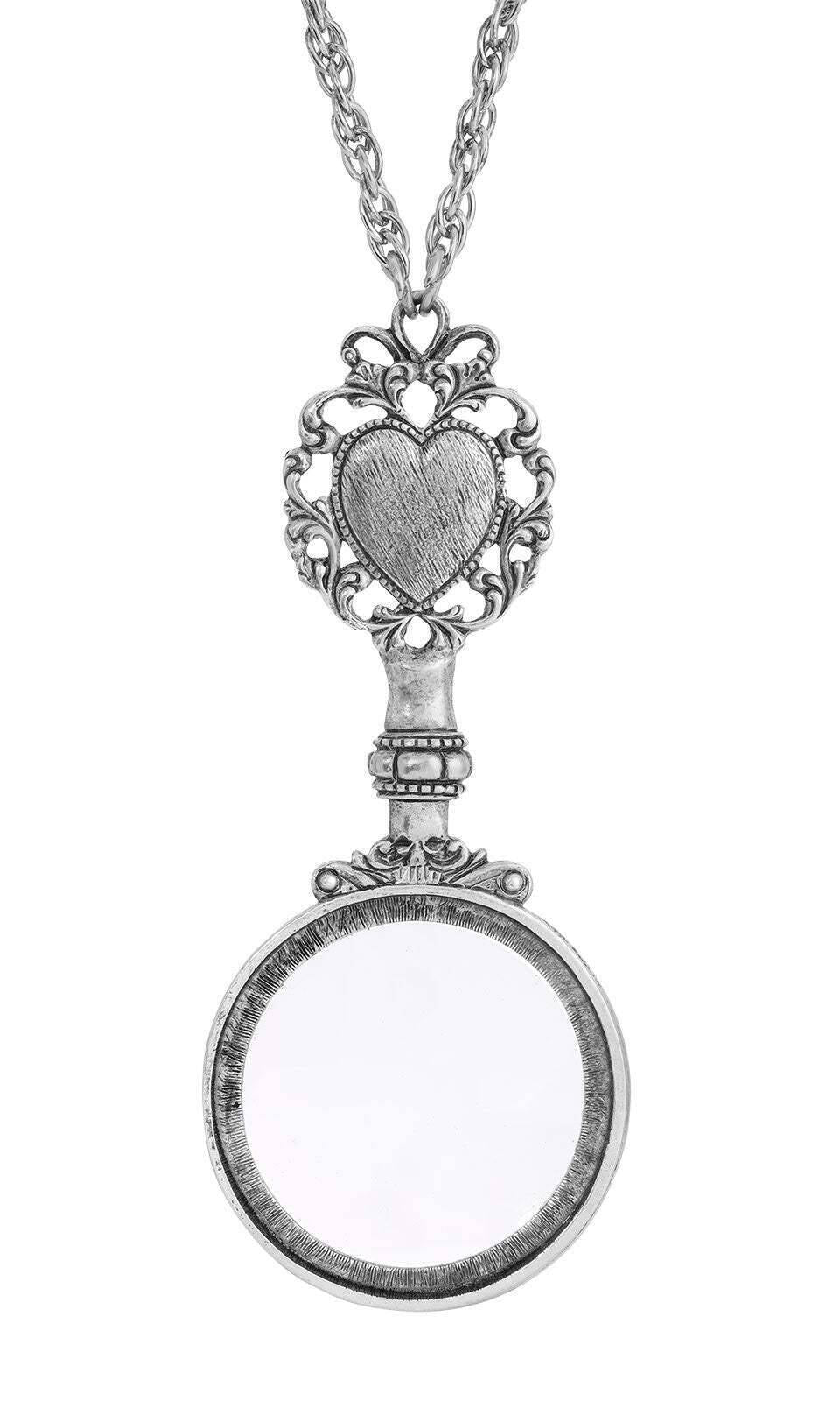 1928 Jewelry Filigree Heart And Round Magnifying Glass Pendant Necklace 28" - Magnification Power: 2X