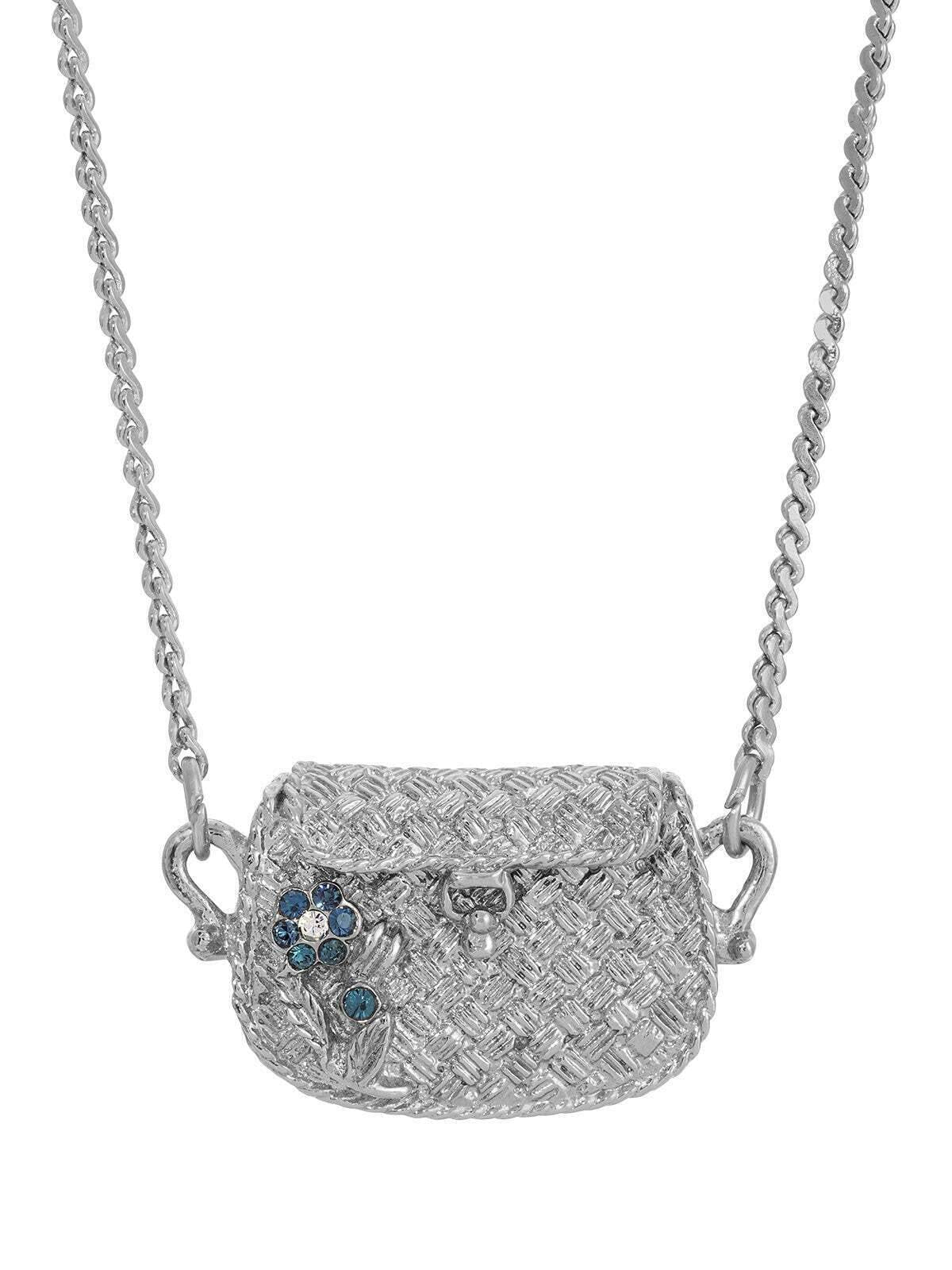 1928 Jewelry Montana Blue Crystal Flower Purse Locket Necklace 32"