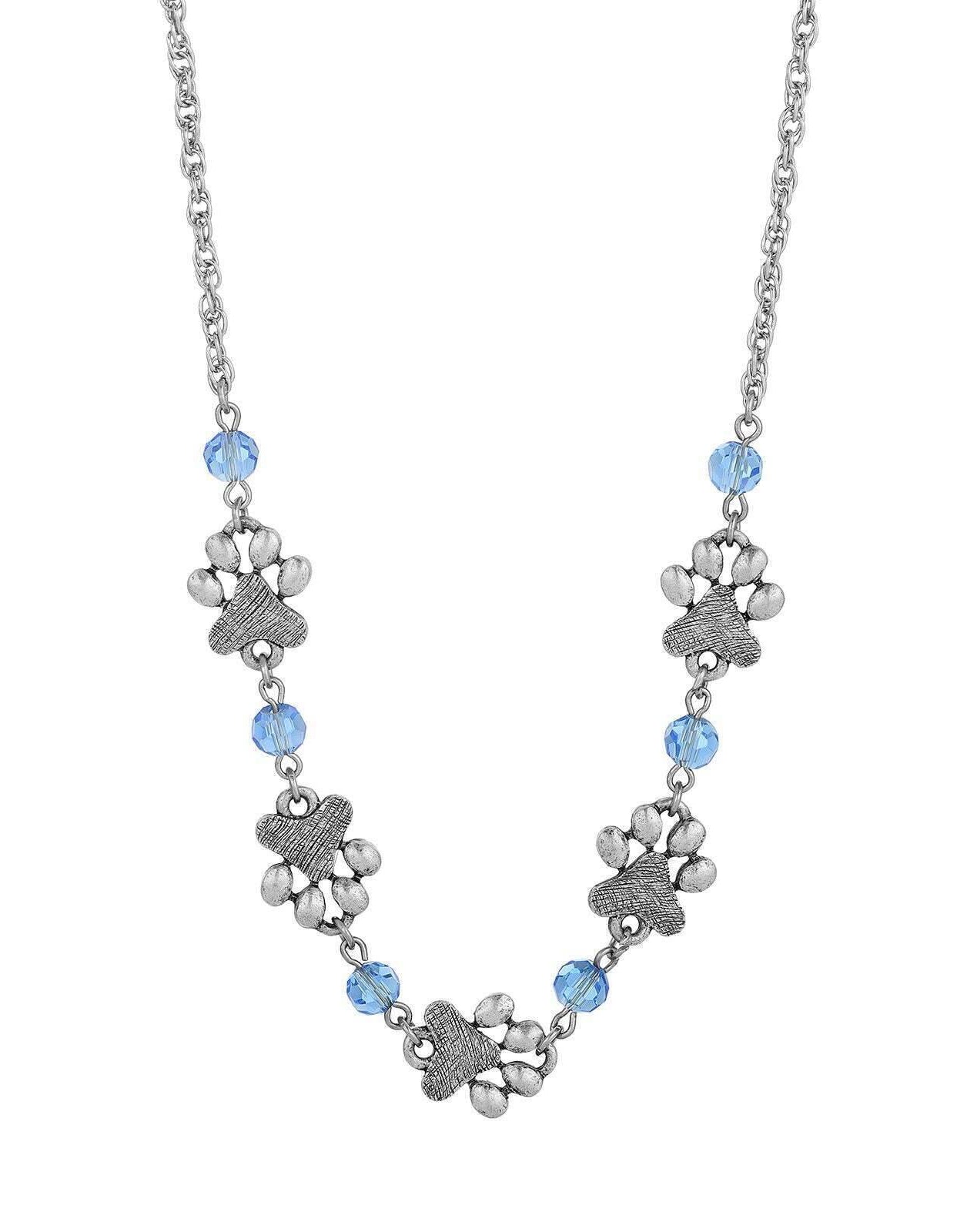 1928 Jewelry Light Blue Sapphire Bead Pewter Paw Necklace 16" + 3" Extender