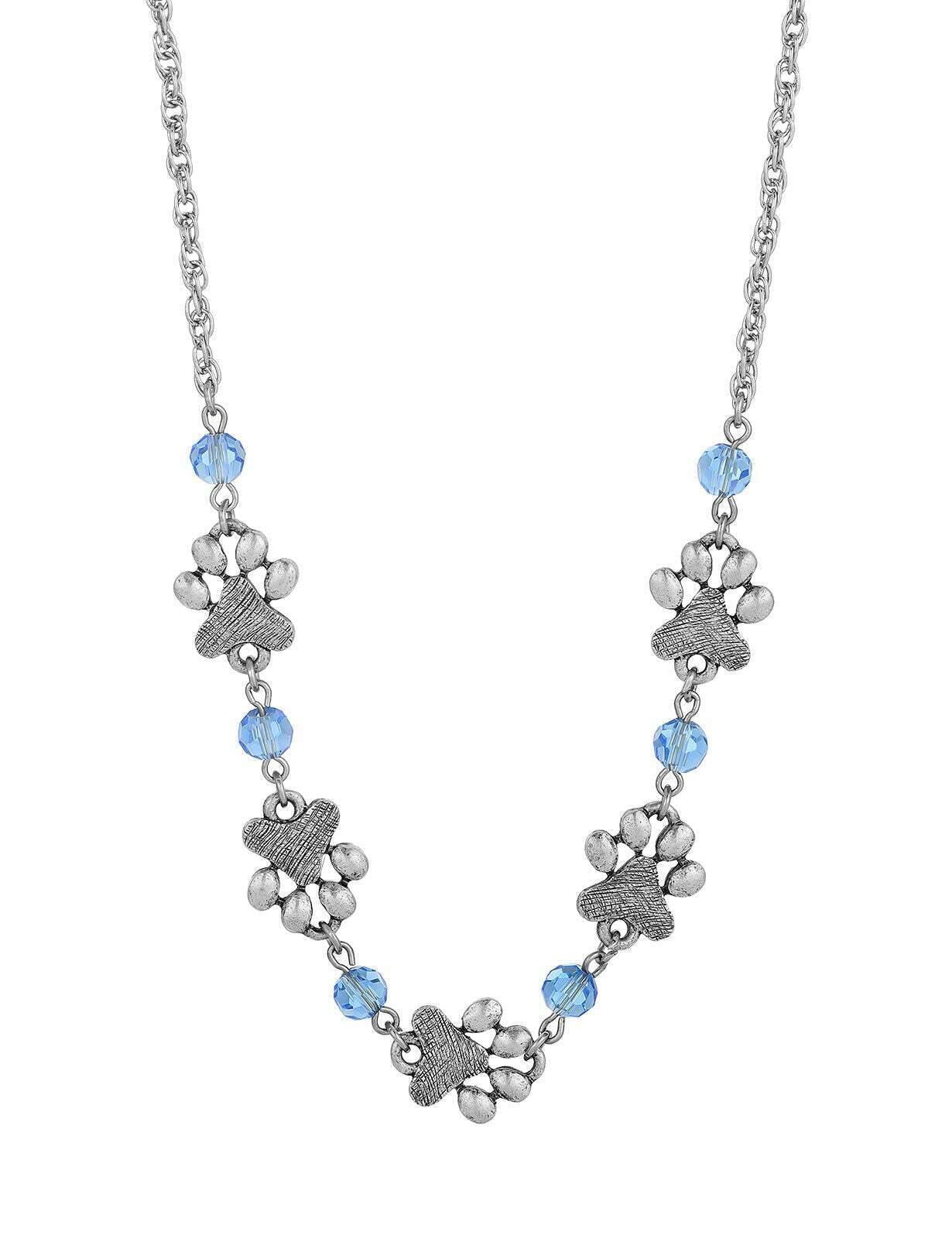 1928 Jewelry Light Blue Sapphire Bead Pewter Paw Necklace 16" + 3" Extender