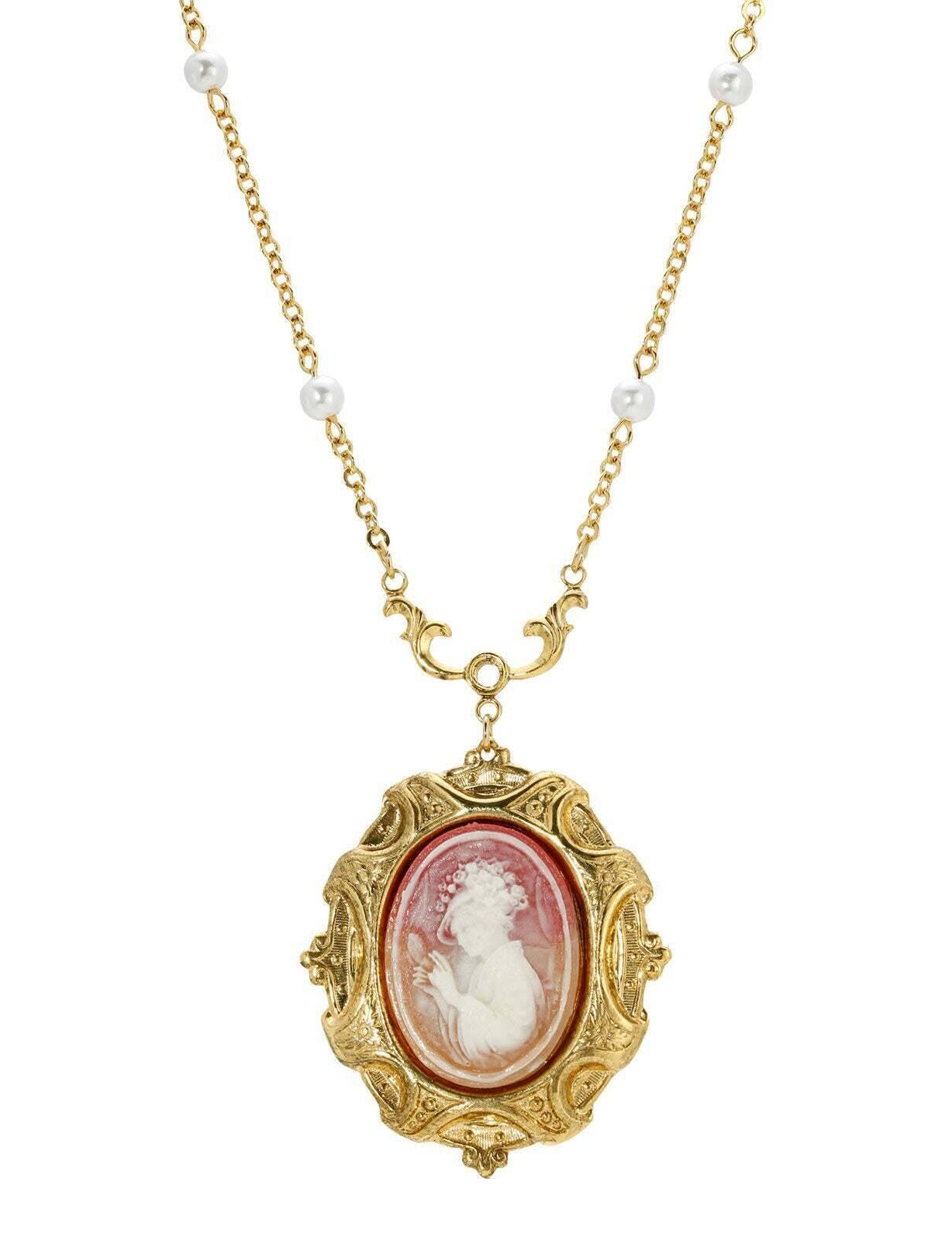 1928 Jewelry Victorian Reflections Carnelian & Ivory Cameo Pendant Faux Pearl Necklace 16" + 3" Extender