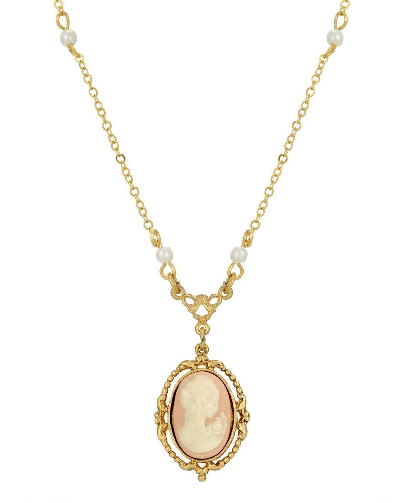1928 Jewelry Light Pink Oval Cameo Faux Pearl Pendant Necklace 16" + 3" Extender