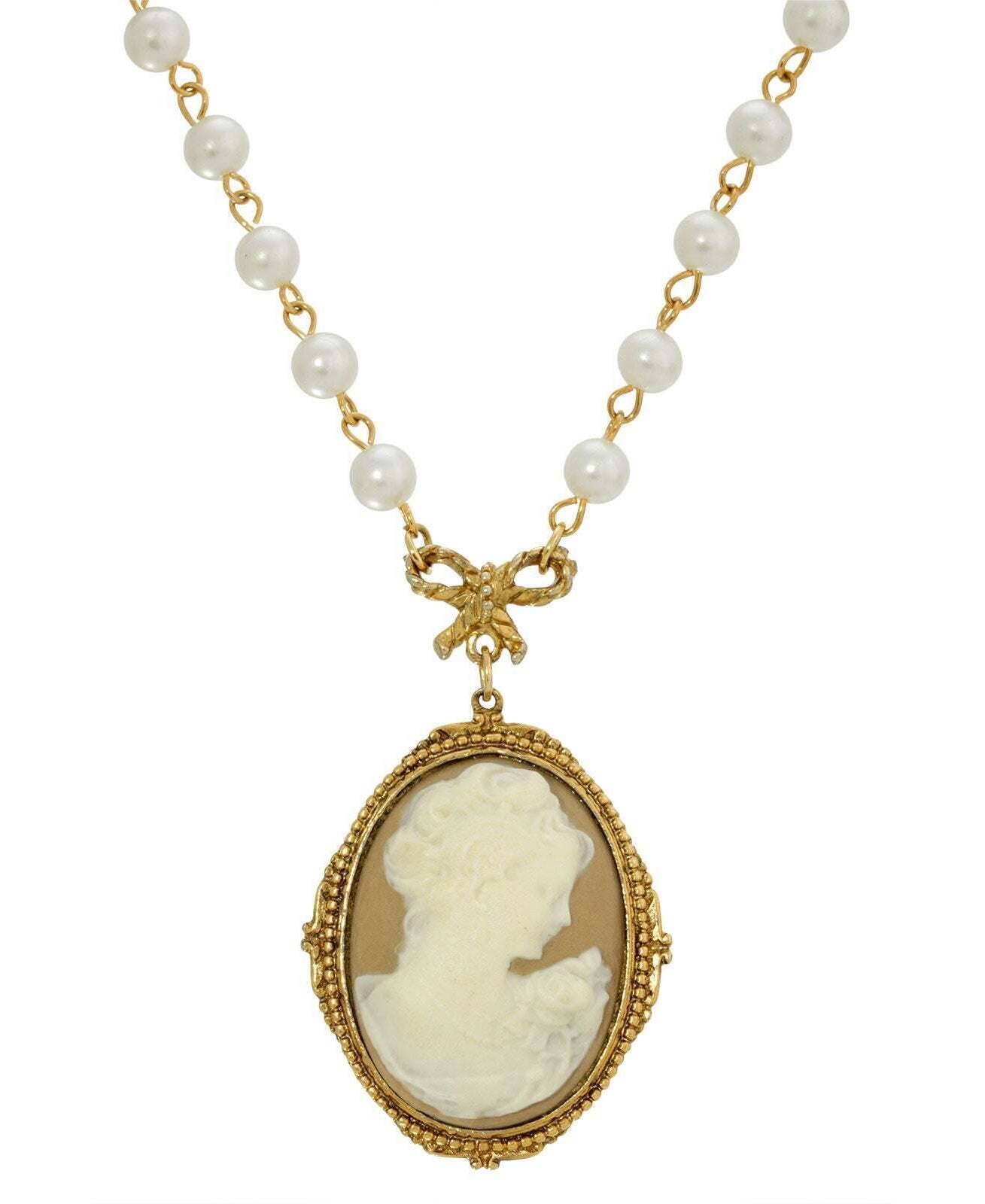 1928 Jewelry Taupe Cameo White Round 6mm Faux Pearl Strand Pendant Necklace 16" + 3" Extender