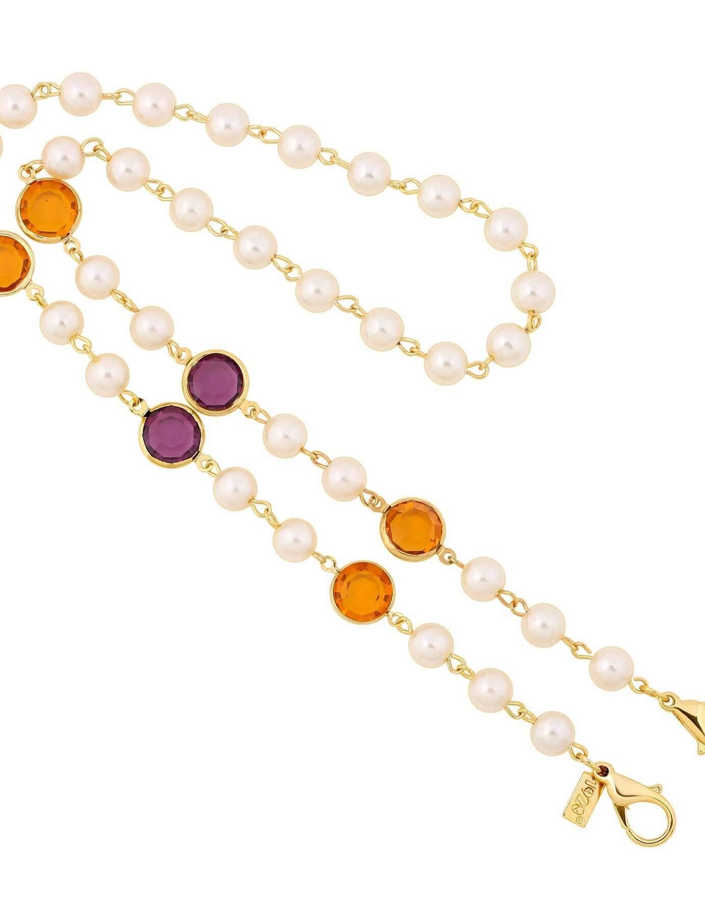 1928 Jewelry Faux Pearl & Round Topaz & Amethyst Austrian Crystal Face Mask Chain Holder 22 Inch