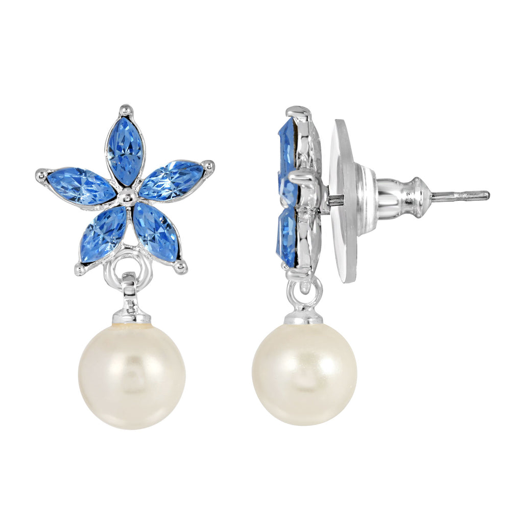 Light Blue Crystal and Faux Pearl Flower Drop Earrings