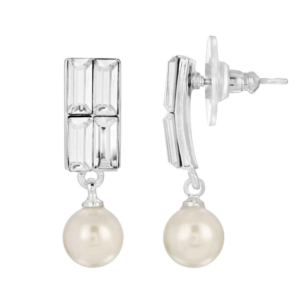 Rectangular Clear Crystal & Faux Pearl Post Drop Earrings