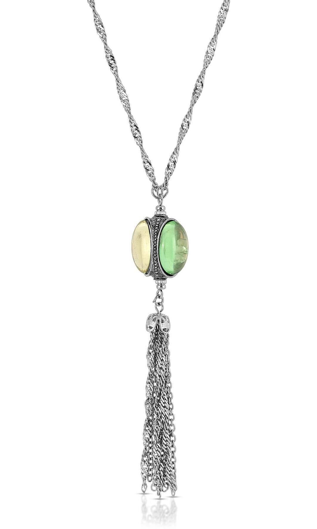 1928 Jewelry Multi Color Glass Stone Crystal Spinner Drop Tassel Pendant Necklace 28"