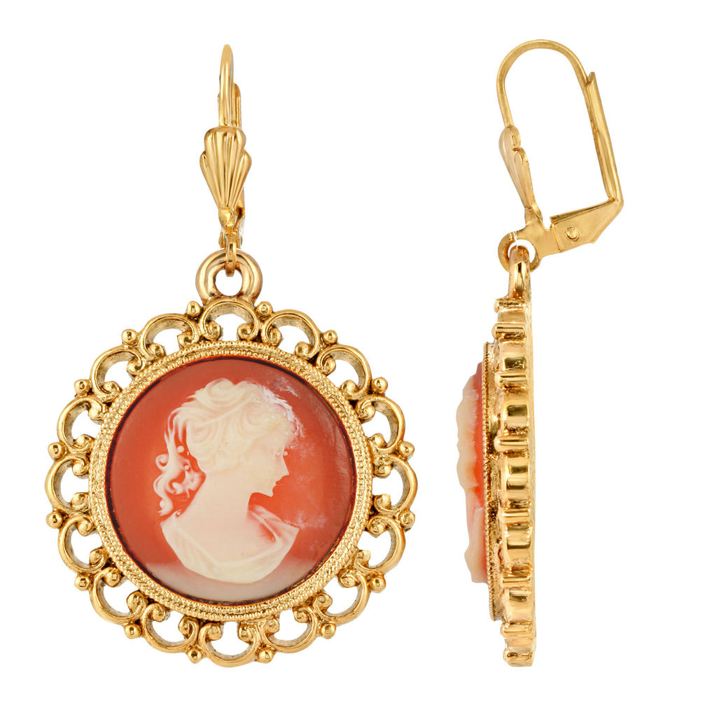 Red Round Cameo Drop Earrings
