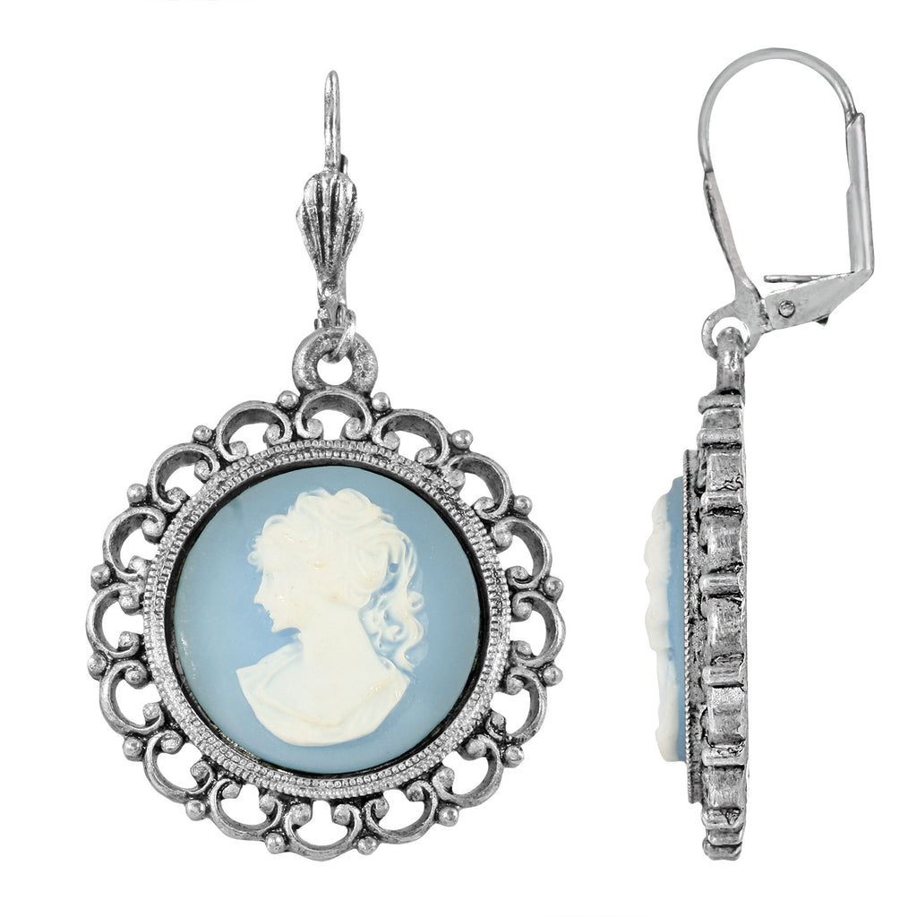 Baby Blue Round Cameo Drop Earrings