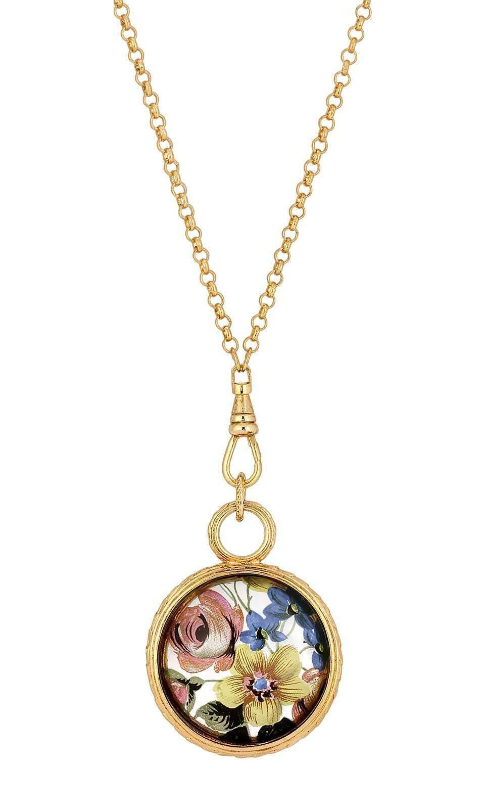 1928 Jewelry Round Multicolor Flower Glass Swivel Pendant Necklace 28"