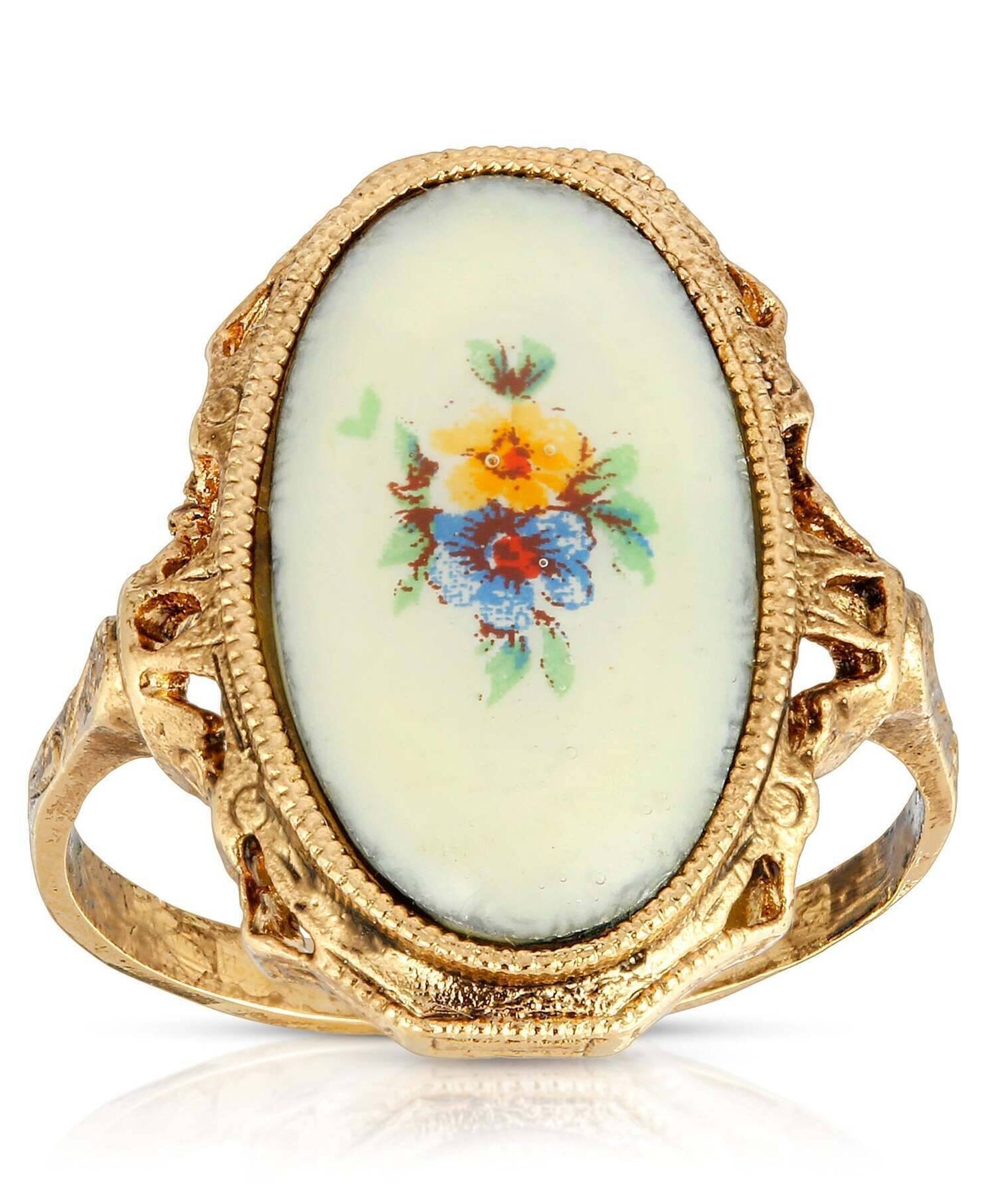 1928 Jewelry Ivory Enamel Blue & Yellow Flower Ring