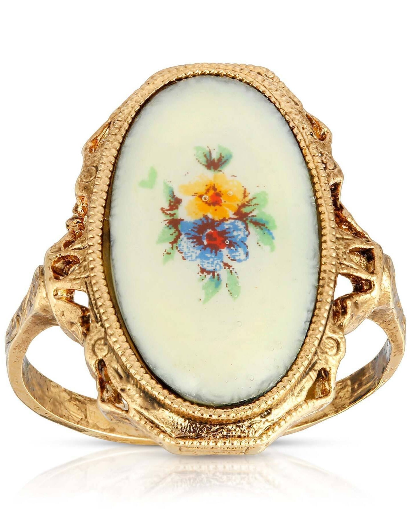 1928 Jewelry Ivory Enamel Blue & Yellow Flower Ring