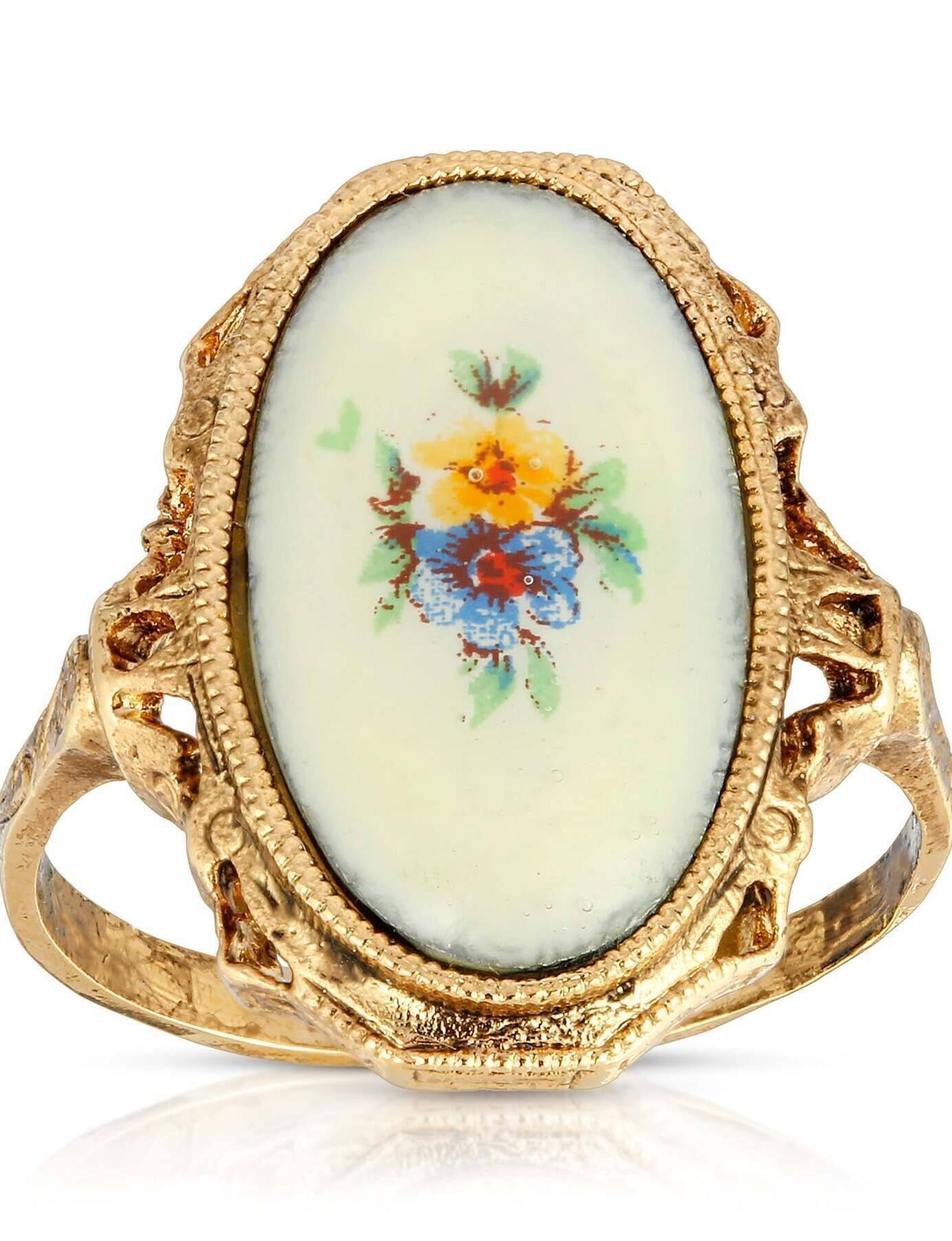 1928 Jewelry Ivory Enamel Blue & Yellow Flower Ring