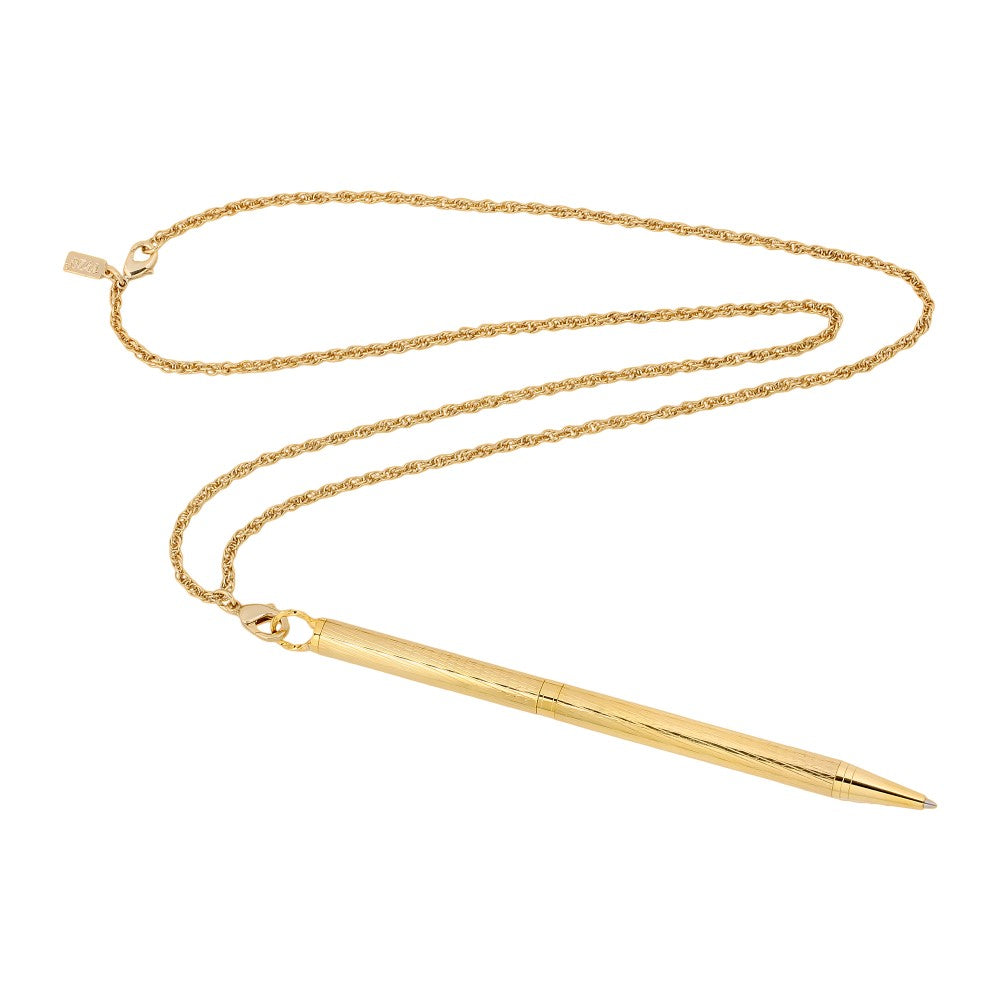 Vintage Style Gold Tone Textured Barrel Ball Point Pen Necklace 28 Inch