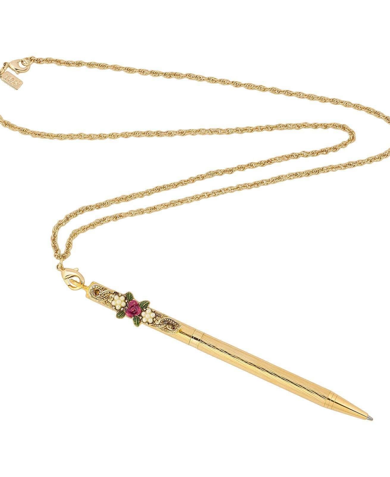 1928 Jewelry Pink Flower & Faux Pearl Accents Ball Point Pen Necklace 28"