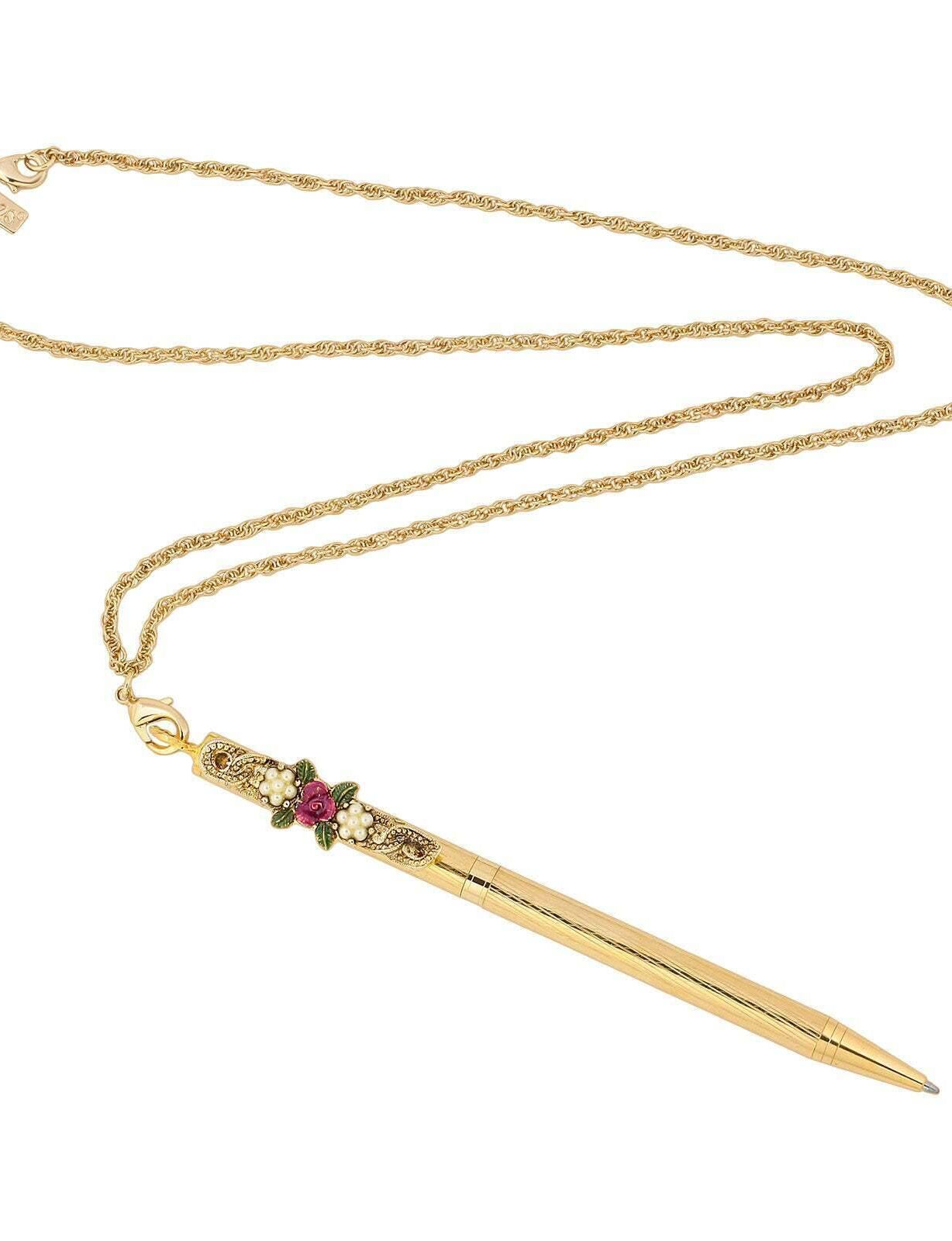 1928 Jewelry Pink Flower & Faux Pearl Accents Ball Point Pen Necklace 28"