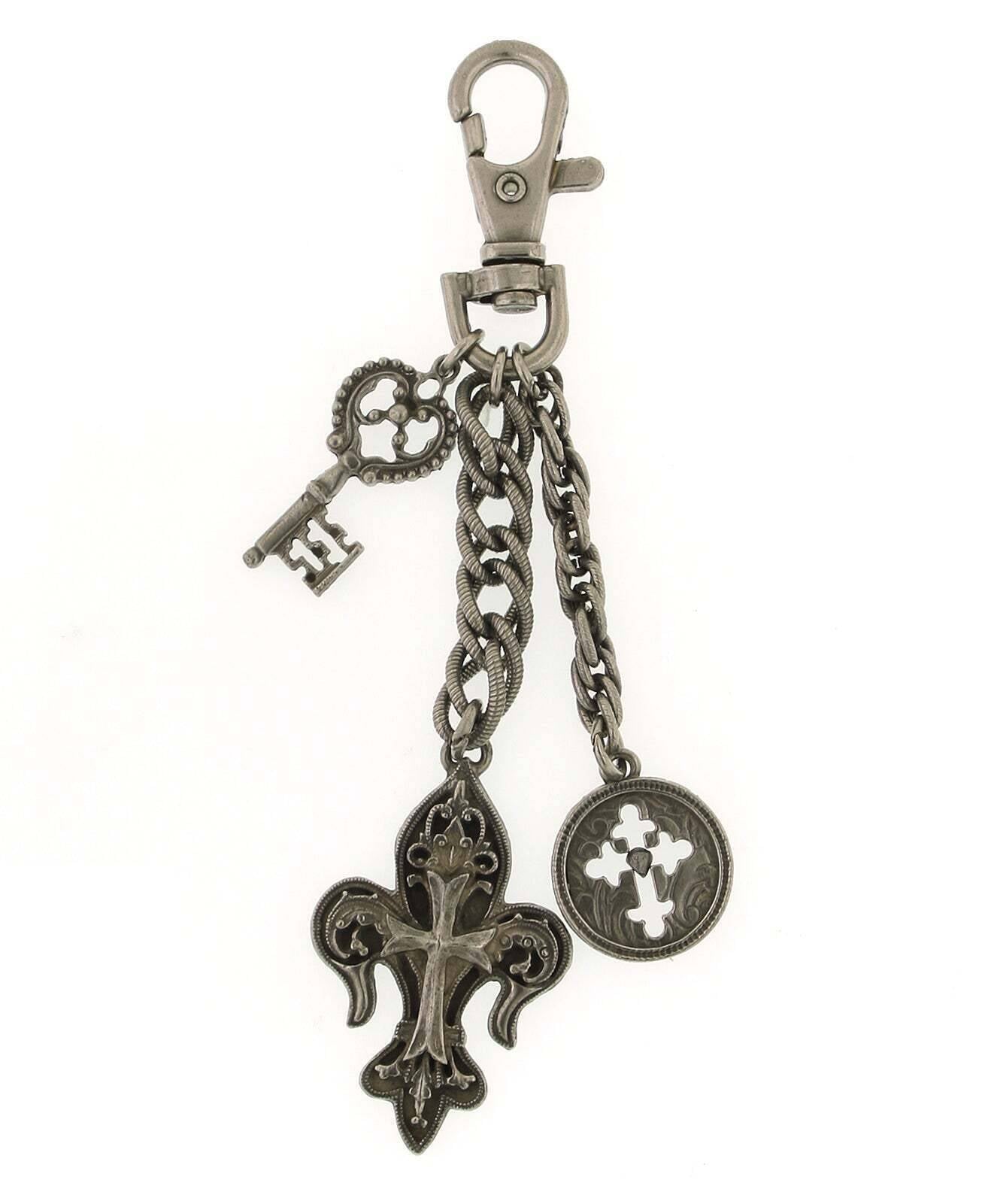 1928 Jewelry Skeleton Key, Fleur De Lis Cross & Budded Cross Medallion Key Chain