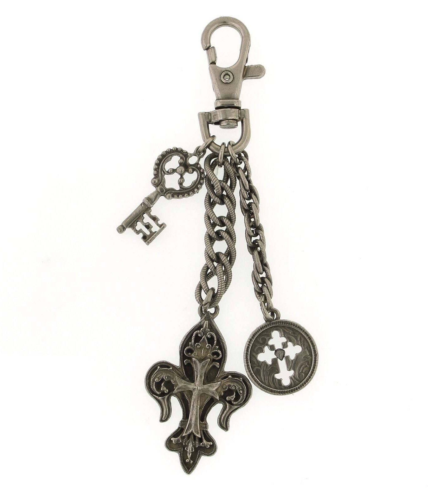 1928 Jewelry Skeleton Key, Fleur De Lis Cross & Budded Cross Medallion Key Chain